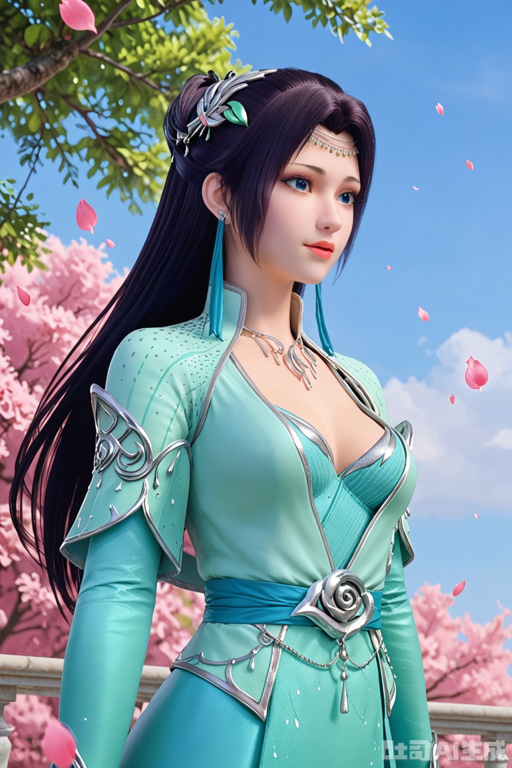 score_9_up,1girl, solo, long hair, black hair, hair ornament, dress, jewelry, blue eyes, upper body, ponytail, sky, necklace, blue sky, petals, green dress, falling petals,YunYun