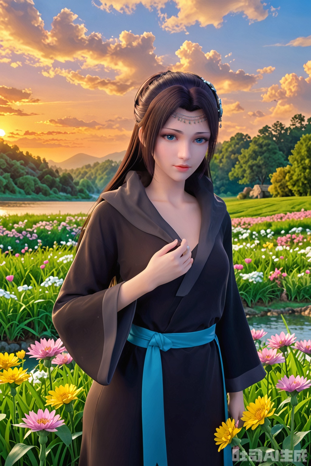 score_9_up,1girl, Black Robe,solo, long hair, black hair, outdoors, blue sky, cloud, wide sleeves, flowers,lawn,lake, sunset,hood,black robe,YunYun