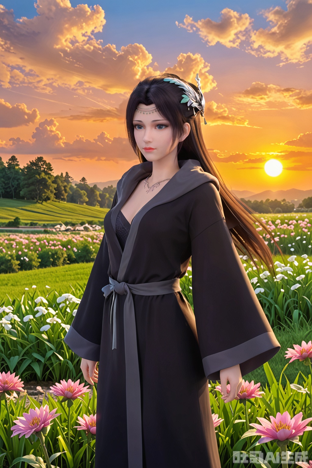 score_9_up,1girl, Black Robe,solo, long hair, black hair, outdoors, blue sky, cloud, wide sleeves, flowers,lawn,lake, sunset,hood,black robe,YunYun
