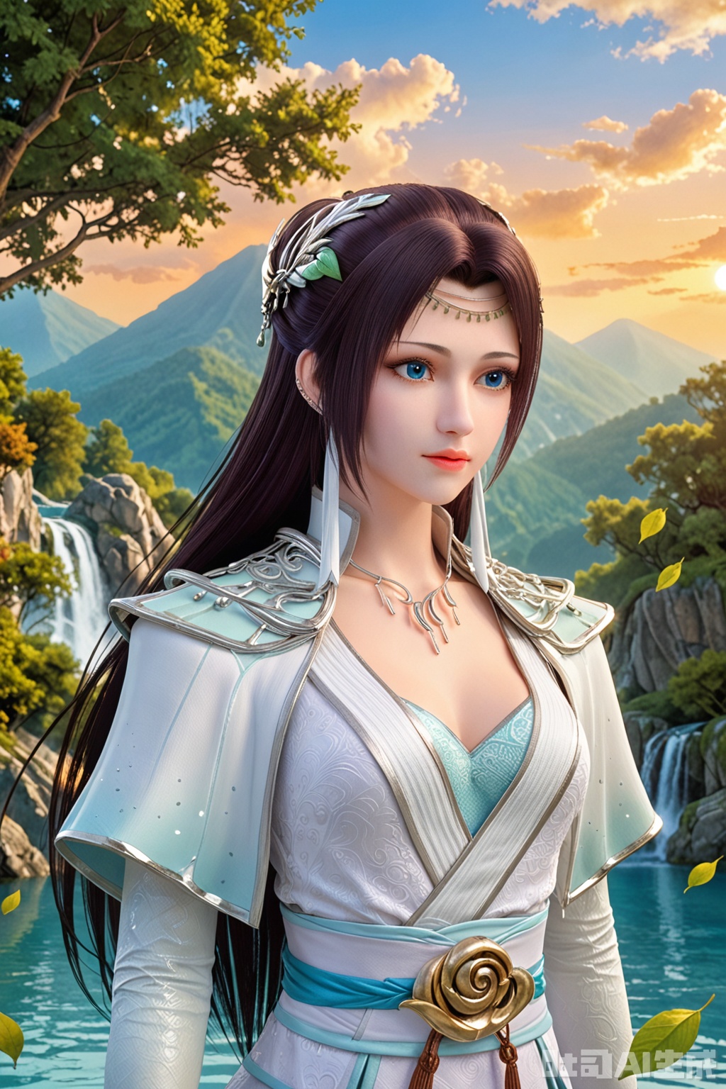 score_9_up,1girl, solo, long hair, blue eyes, brown hair, black hair, hair ornament, dress, jewelry, upper body, sky, cloud, water, necklace, white dress, tree, blue sky, sash, leaf, mountain,YunYun