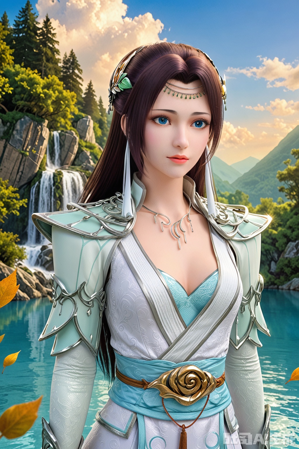 score_9_up,1girl, solo, long hair, blue eyes, brown hair, black hair, hair ornament, dress, jewelry, upper body, sky, cloud, water, necklace, white dress, tree, blue sky, sash, leaf, mountain,YunYun,armor