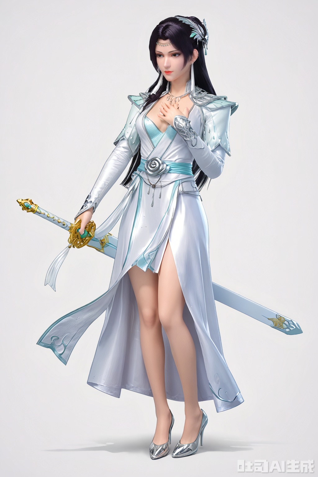 score_9_up,1girl, solo, long hair, simple background, black hair, white background, dress, jewelry, full body, weapon, sword, white dress, high heels, bare legs, hand on own chest, sheath,YunYun