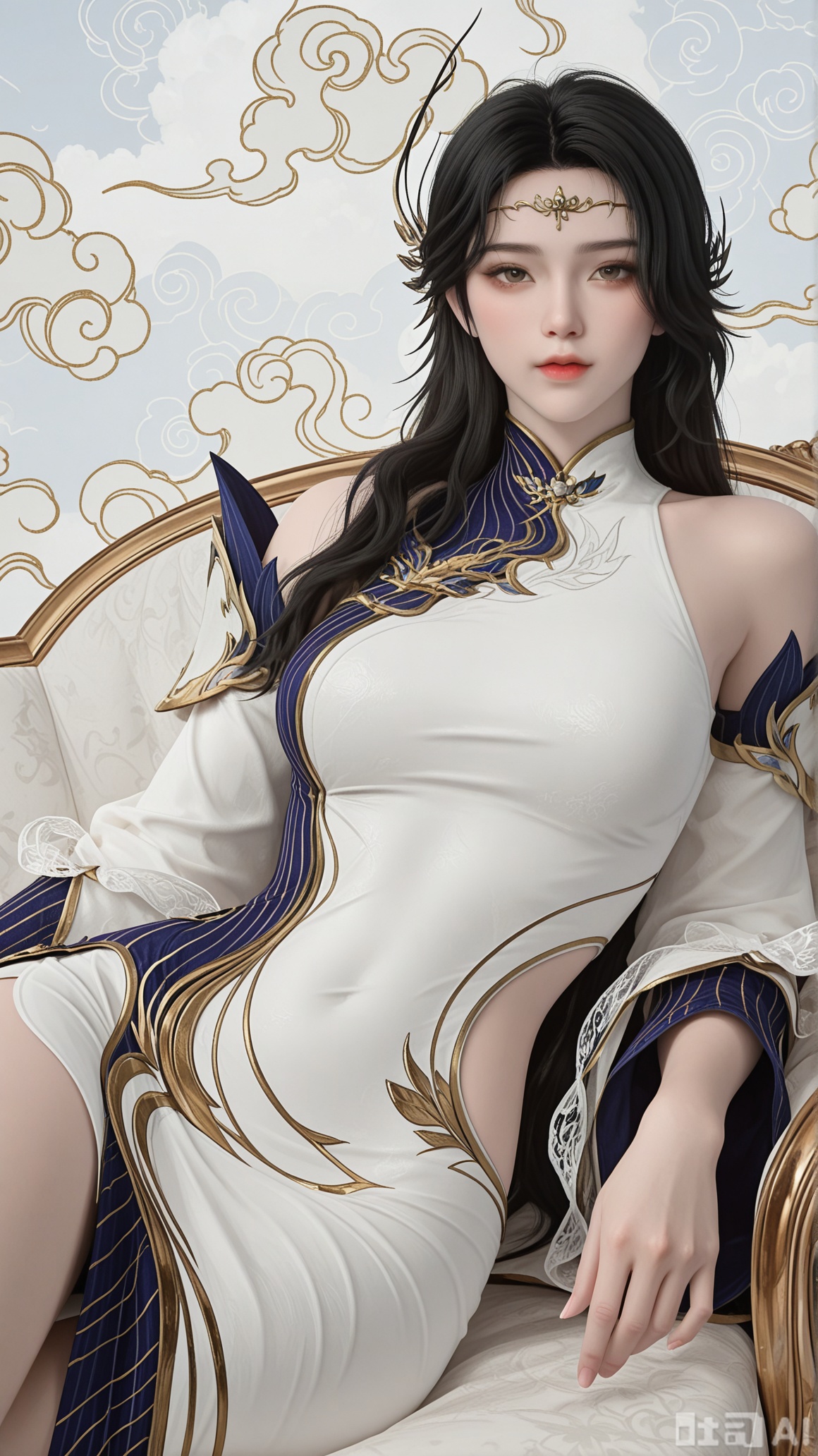 general, sfw, 1woman, black_hair, solo, breasts, looking at viewer, reclining, very awa, Solid white color and clouds background