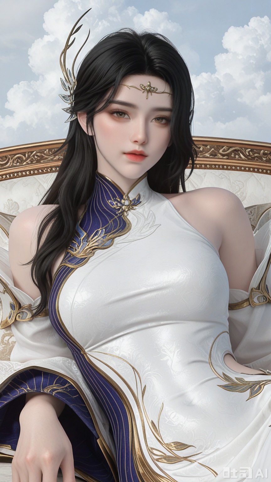 general, sfw, 1woman, black_hair, solo, breasts, glistening_skin, looking at viewer, reclining, very awa, Solid white color and clouds background