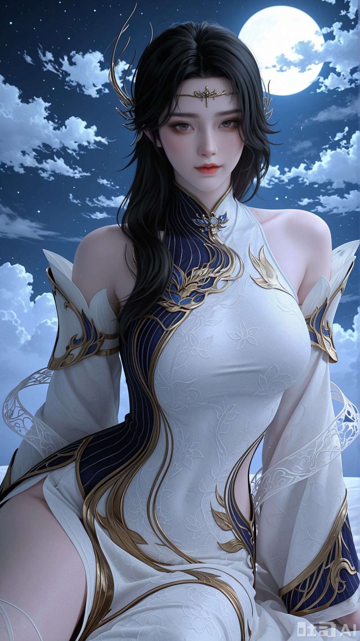 general, sfw, 1woman, black_hair, solo, breasts, moonlight, exquisite skin, looking at viewer, yokozuwari, very awa, Solid white color and clouds background