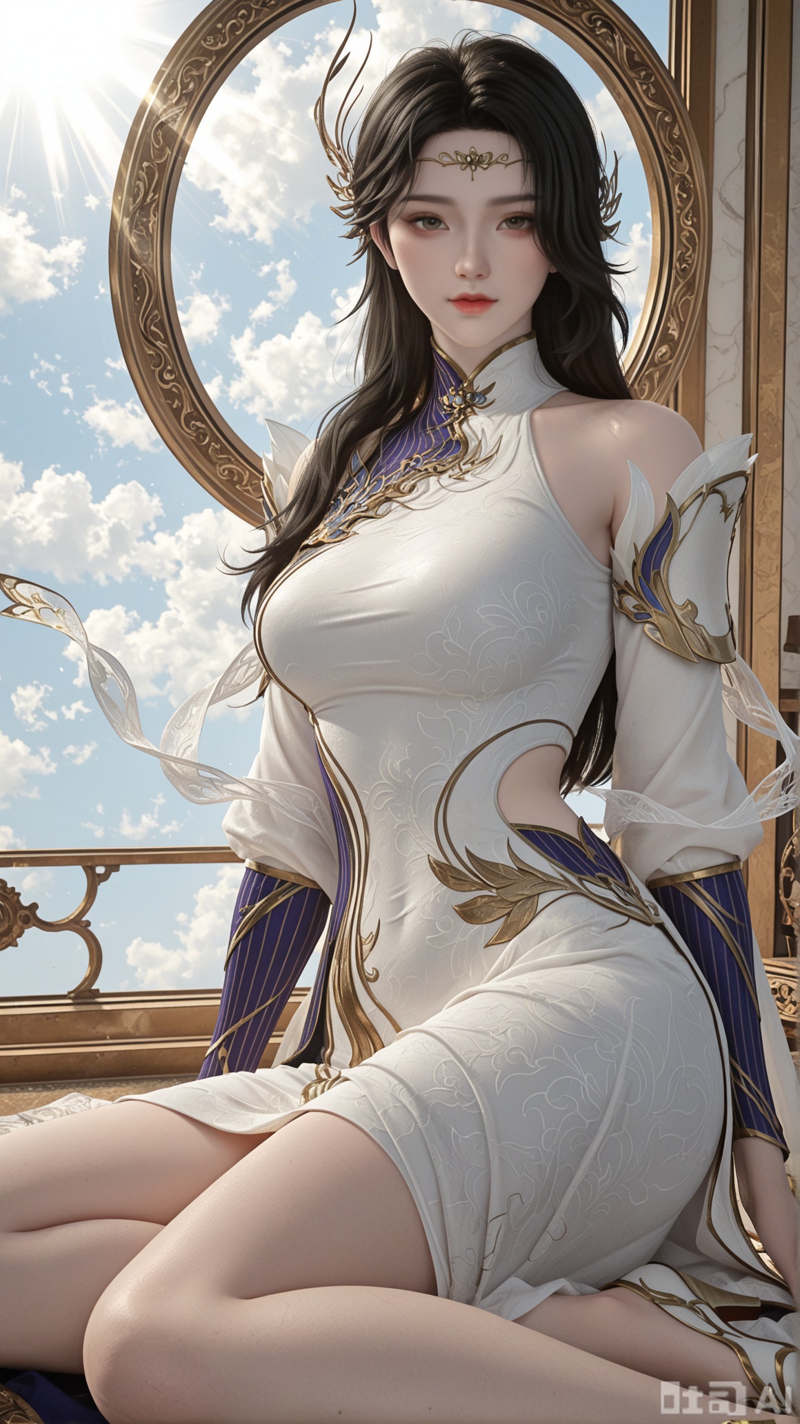 general, sfw, 1woman, black_hair, solo, breasts, sunbeam, exquisite skin, looking at viewer, yokozuwari, very awa, Solid white color and clouds background