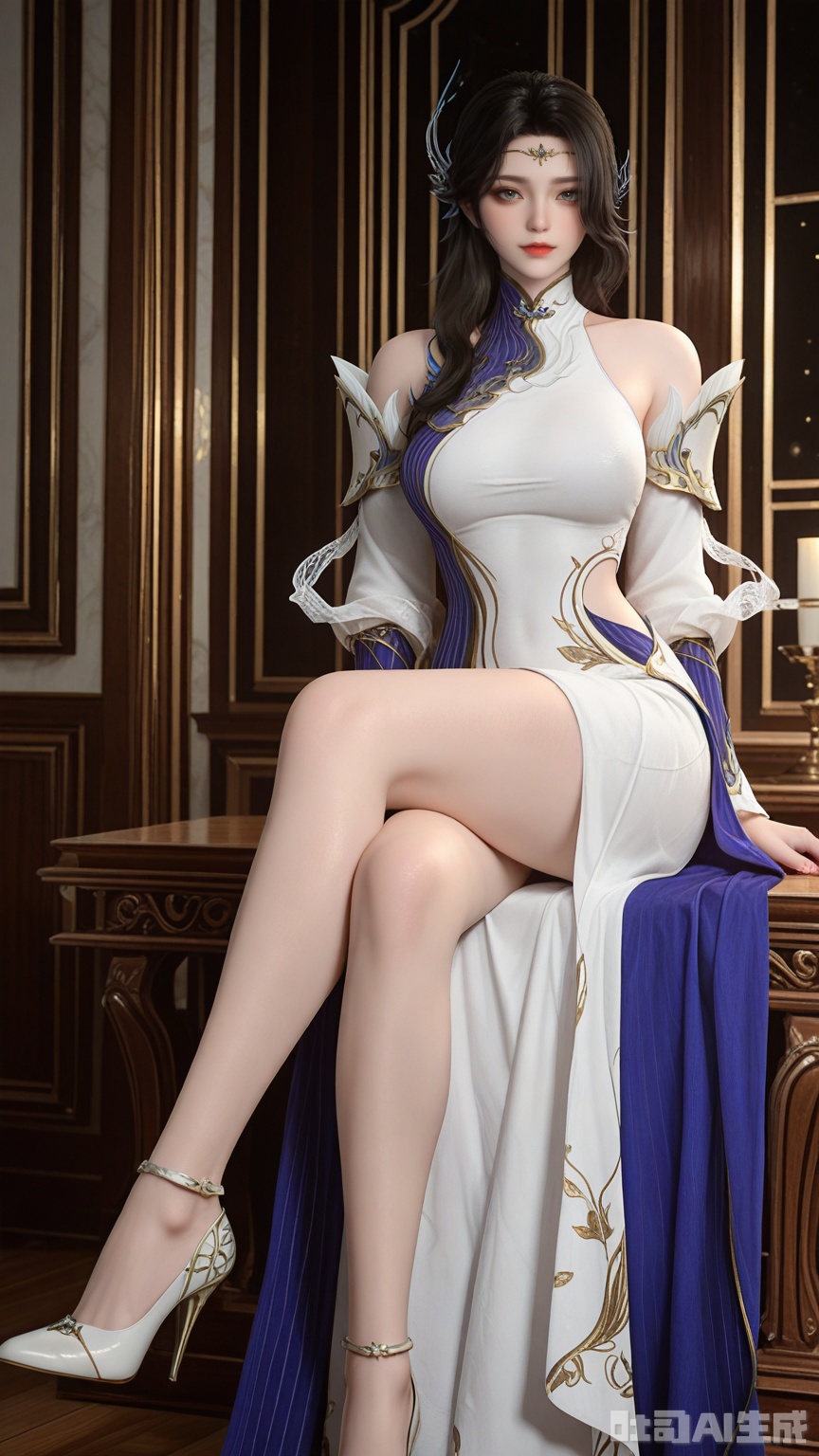 general, sfw, (Best quality, masterpiece, exquisite skin), (Glossy and beam background), woman, solo, looking at viewer, sitting, high heels