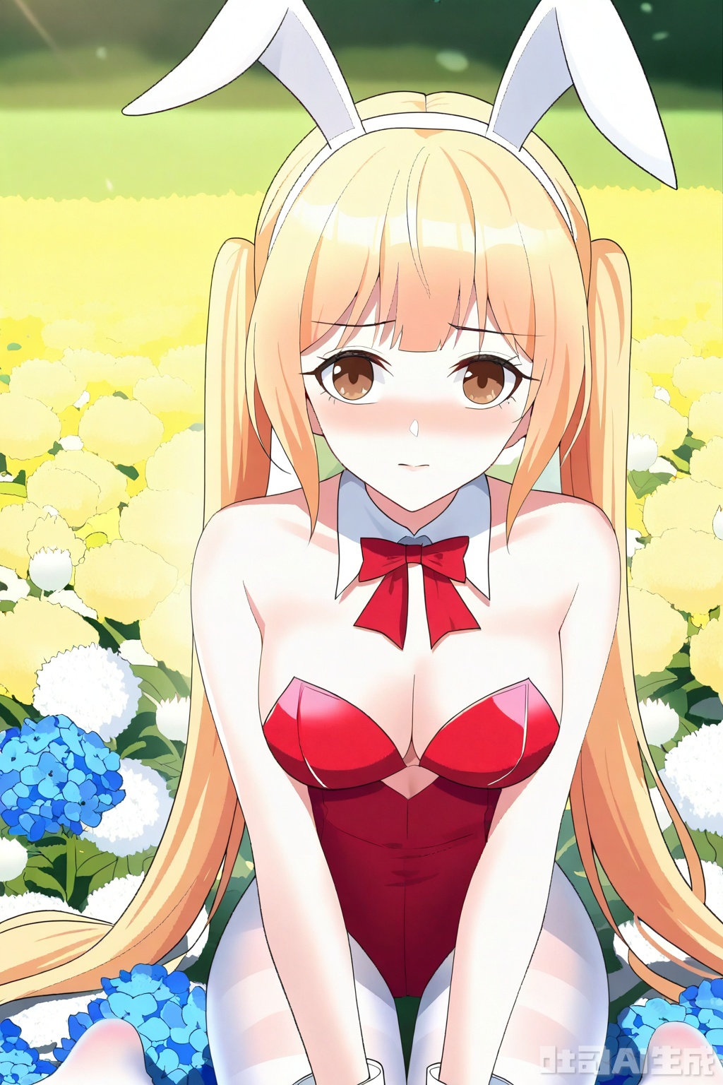 1girl, solo, long hair, breasts, looking at viewer, bangs, blonde hair, bow, cleavage, bare shoulders, twintails, brown eyes, medium breasts, very long hair, pantyhose,bowtie, red bow, leotard, strapless, detached collar, playboy bunny, red bowtie,strapless leotard, white pantyhose,red leotard, 

Sit on the ground,full body,looking at viewer,flower field,flower field,
