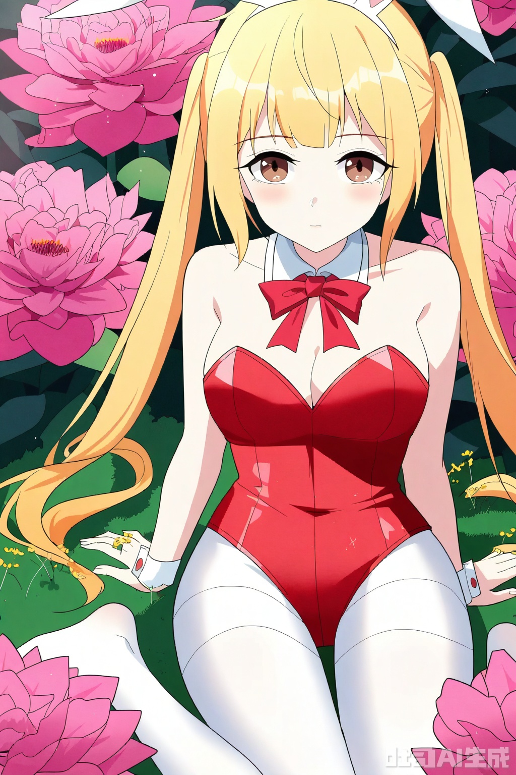 1girl, solo, long hair, breasts, looking at viewer, bangs, blonde hair, bow, cleavage, bare shoulders, twintails, brown eyes, medium breasts, very long hair, pantyhose,bowtie, red bow, leotard, strapless, detached collar, playboy bunny, red bowtie,strapless leotard, white pantyhose,red leotard, 

Sit on the ground,full body,looking at viewer,flower field,flower field,