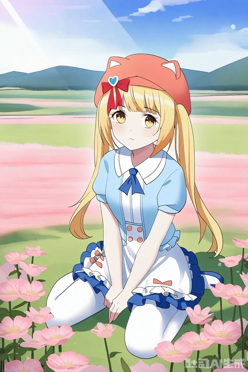 1girl, solo, long hair, skirt, blonde hair, hat, dress, bow, twintails, yellow eyes, short sleeves, pantyhose, red bow, white pantyhose,


Sit on the ground,full body,looking at viewer,flower field,flower field,