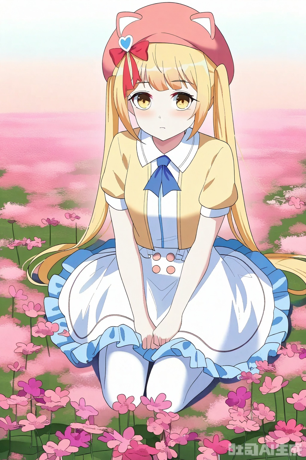 1girl, solo, long hair, skirt, blonde hair, hat, dress, bow, twintails, yellow eyes, short sleeves, pantyhose, red bow, white pantyhose,


Sit on the ground,full body,looking at viewer,flower field,flower field,