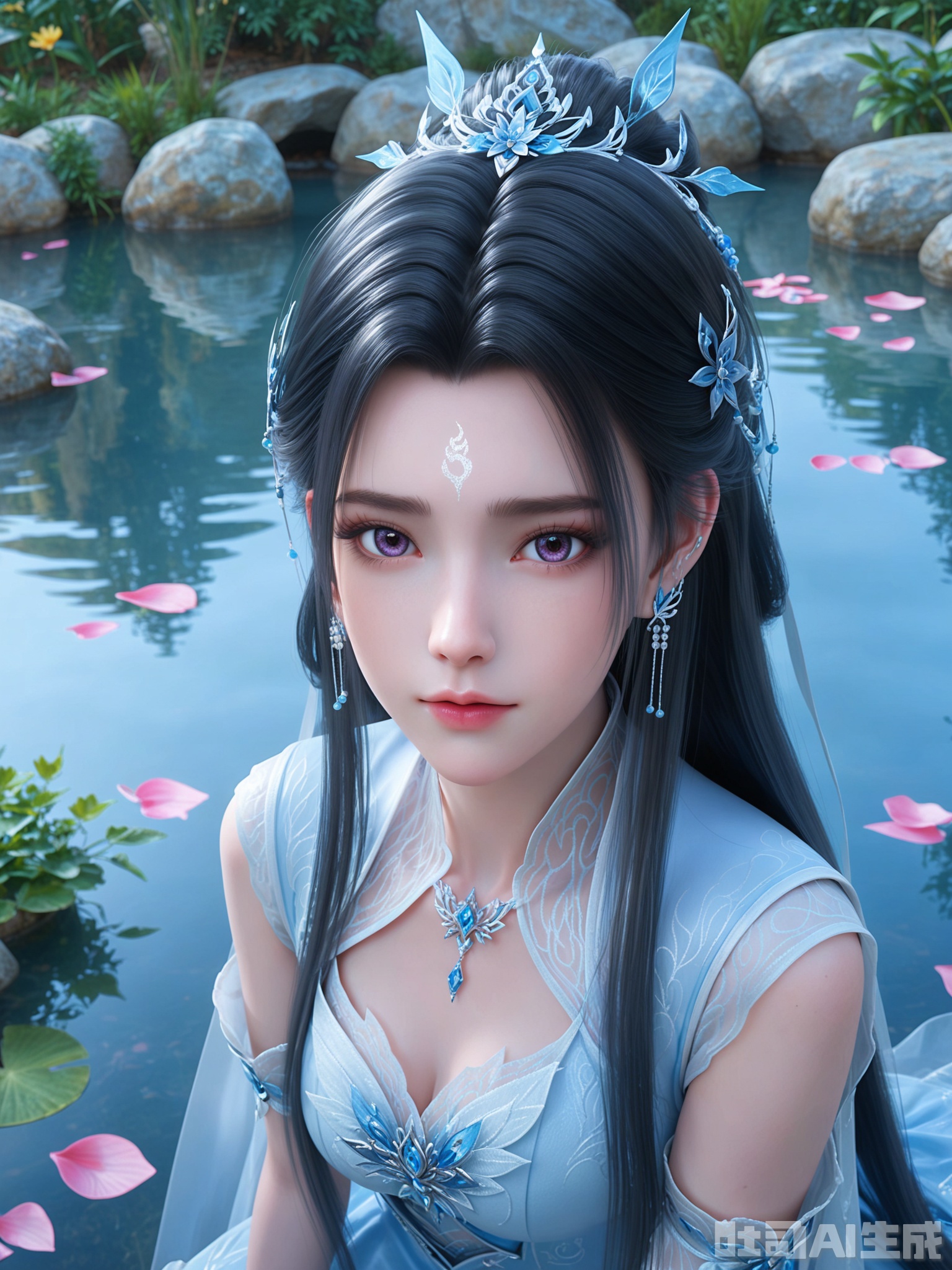 score_9,score_8_up,score_7_up,1girl,looking_at_viewer,realistic,1girl,Vivid Colors,bright environment,delicate water,hair_ornament,shiny skin,reflection,dress,flower sea,falling petals,extreme detail description,(upper body:0.8),put one hand on your side,long_hair,(skindentation:1.3),bright,sunshine on face,light,dress,sitting_down,eyes highlight,thighhighs,petals,
