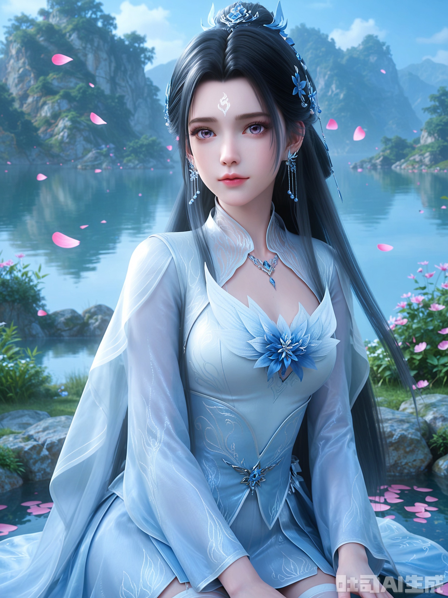 score_9,score_8_up,score_7_up,1girl,looking_at_viewer,realistic,1girl,Vivid Colors,bright environment,delicate water,hair_ornament,shiny skin,reflection,dress,flower sea,falling petals,extreme detail description,(upper body:0.8),put one hand on your side,long_hair,(skindentation:1.3),bright,sunshine on face,light,dress,sitting_down,eyes highlight,thighhighs,petals,