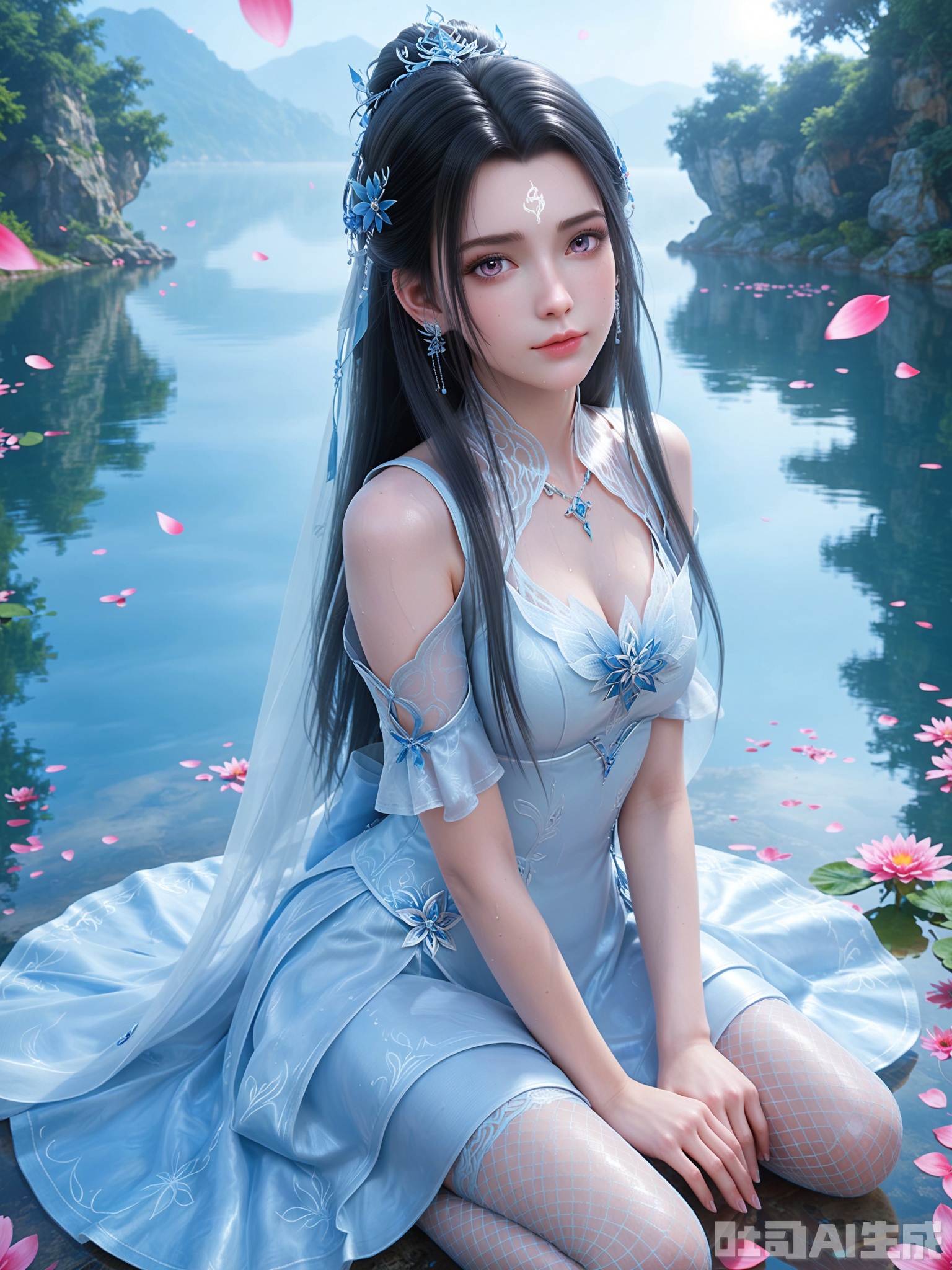 score_9,score_8_up,score_7_up,realistic,photorealistic,1girl,looking_at_viewer,realistic,1girl,Vivid Colors,bright environment,delicate water,hair_ornament,shiny skin,shiny hair,reflection,dress,flower sea,falling petals,extreme detail description,(upper body:0.3),put one hand on your side,long_hair,(skindentation:1.3),Fishnet stockings,bright,sunshine on face,light,sweating,dress,light,sitting_down,glowing,sunshine,bright,reflection