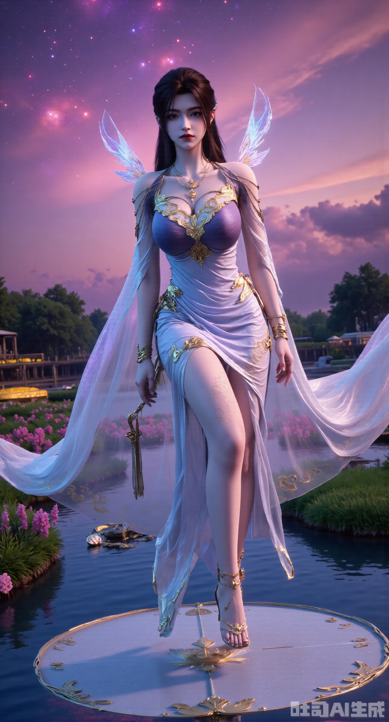 (masterpiece, best quality:1.2),1girl,looking_at_viewer,huge_breasts,,long legs,realistic,A captivating fantasy elf portrait set in a surreal, floating garden in the sky. The elf, with iridescent, translucent wings like those of a dragonfly, sits gracefully on a floating crystal lily pad. Her flowing hair shimmers with every color of the rainbow and cascades down, merging with the floating flora around her. Her eyes are deep pools of starlight, and her delicate, silver gown is adorned with tiny, twinkling constellations. The garden is filled with glowing, bioluminescent flowers and whimsical, hovering orbs of light. The backdrop features a swirling nebula sky with vibrant hues of pink and purple, creating a dreamlike, cosmic atmosphere. The portrait combines elements of ethereal beauty and celestial wonder, blending fantasy with a touch of otherworldly magic.,high_heel,, argyle legwear,star \(symbol\,yeqingxian,brown hair,(huge breasts:2.99),(full breasts:2.99),Xnanxiaochen,Xloubeimaoyi,Xrixisheyingfeng,Xnaiqishuiyi,Xzhaoxianger,Xzhaoxiangerziyi,Xyinyue