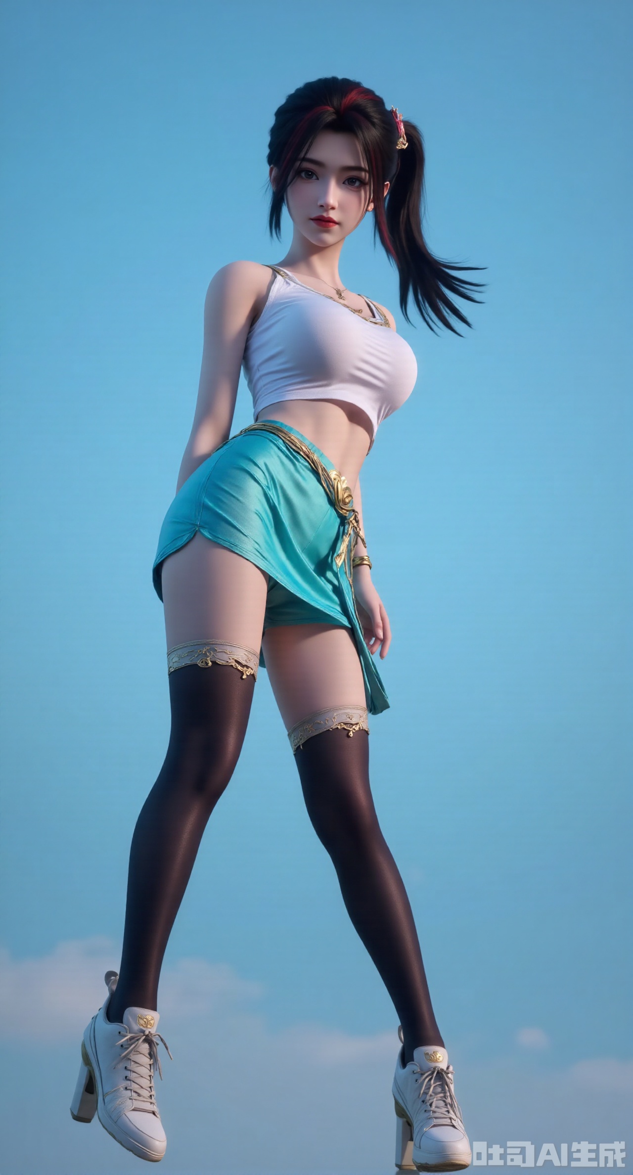 (masterpiece, best quality:1.2),Beautiful woman, 18 years, Soft Light, Cropped tops, Cropped tops, Short skirt, Lower breasts, curls, turquoise, Black pantyhose, sports shoes, Ponytail, Asymmetrical bangs, Perfect face, Pretty Face、beautiful eyes, Gentle smile, Perfect slim figure, outdoor, permanent, Blue Background, Vibrant colors, (Hole plate printing), whole body,, Solitary, Sexy,(huge breasts:2.99),(full breasts:2.99),Xnanxiaochen,Xloubeimaoyi,Xrixisheyingfeng,Xnaiqishuiyi,Xzhaoxianger,Xzhaoxiangerziyi,Xyinyue