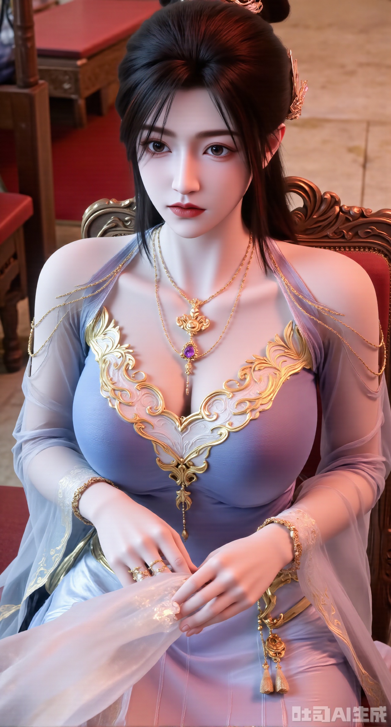 (masterpiece, best quality:1.2),1 girl, solo, her huge breasts barely fit under her clothes, looking at the viewer, blue eyes, black hair, long sleeves, dress, holding, low angle shot, jewelry, flowers, indoors, necklace, bun, chair, Chinese style clothes, blurred background, single bun, caressing white flowers, butterfly, round fan, pink skirt, light blue top covered with a thin translucent white silk gauze, vase, Hanfu, dynamic poses, orange atmosphere.(huge breasts:2.99),(full breasts:2.99),Xnanxiaochen,Xloubeimaoyi,Xrixisheyingfeng,Xnaiqishuiyi,Xzhaoxianger,Xzhaoxiangerziyi,Xyinyue