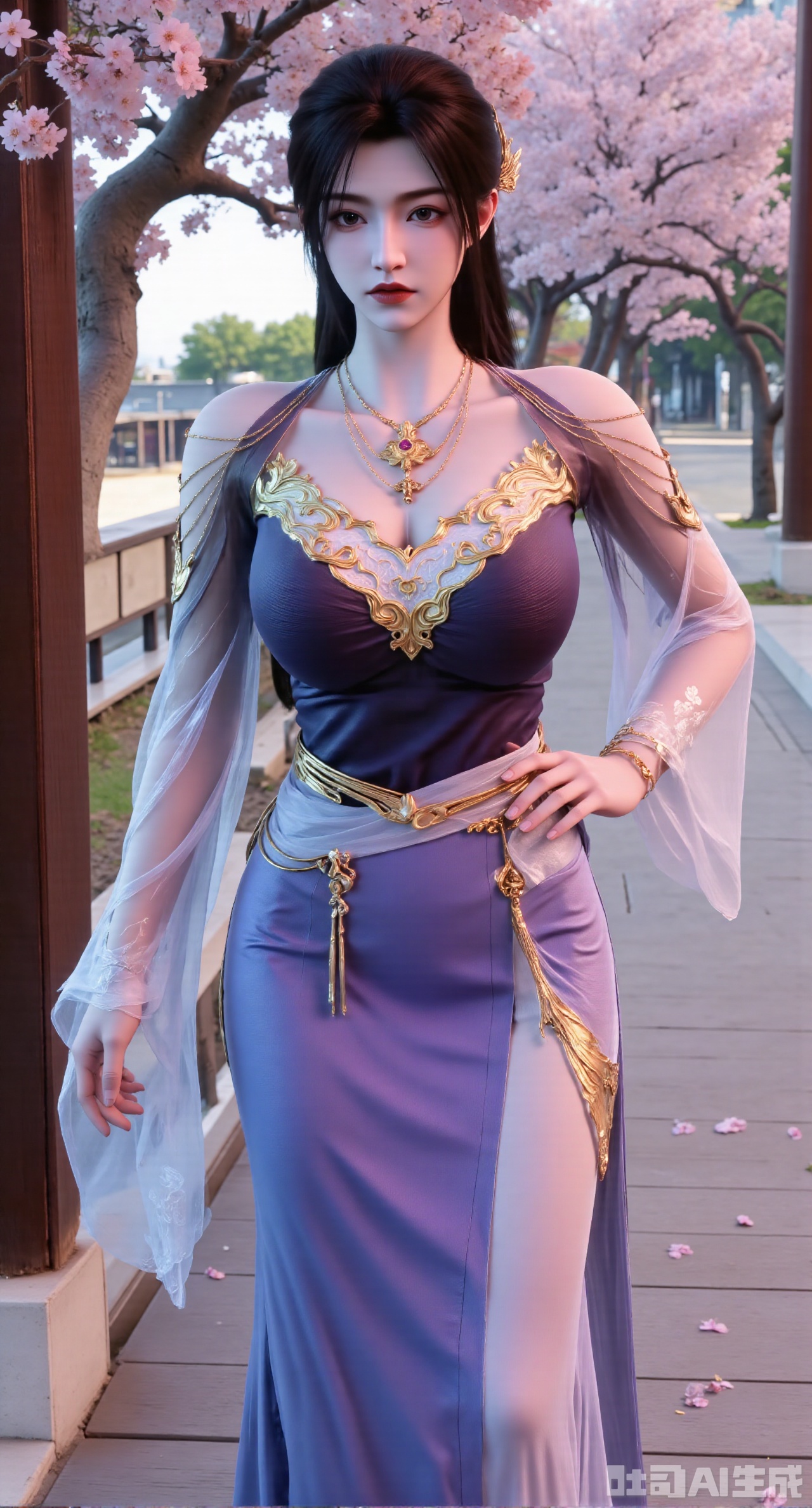 (masterpiece, best quality:1.2),1girl, solo, long hair, breasts, looking at viewer, large breasts, hair ornament, dress, bare shoulders, jewelry, purple eyes, long hair, flower, earrings, outdoors, parted lips, necklace, hand on hip, petals, hanfu dress, cherry blossoms, long dress, architecture, east asian architecture, falling petals,(huge breasts:2.99),(full breasts:2.99),Xnanxiaochen,Xloubeimaoyi,Xrixisheyingfeng,Xnaiqishuiyi,Xzhaoxianger,Xzhaoxiangerziyi,Xyinyue