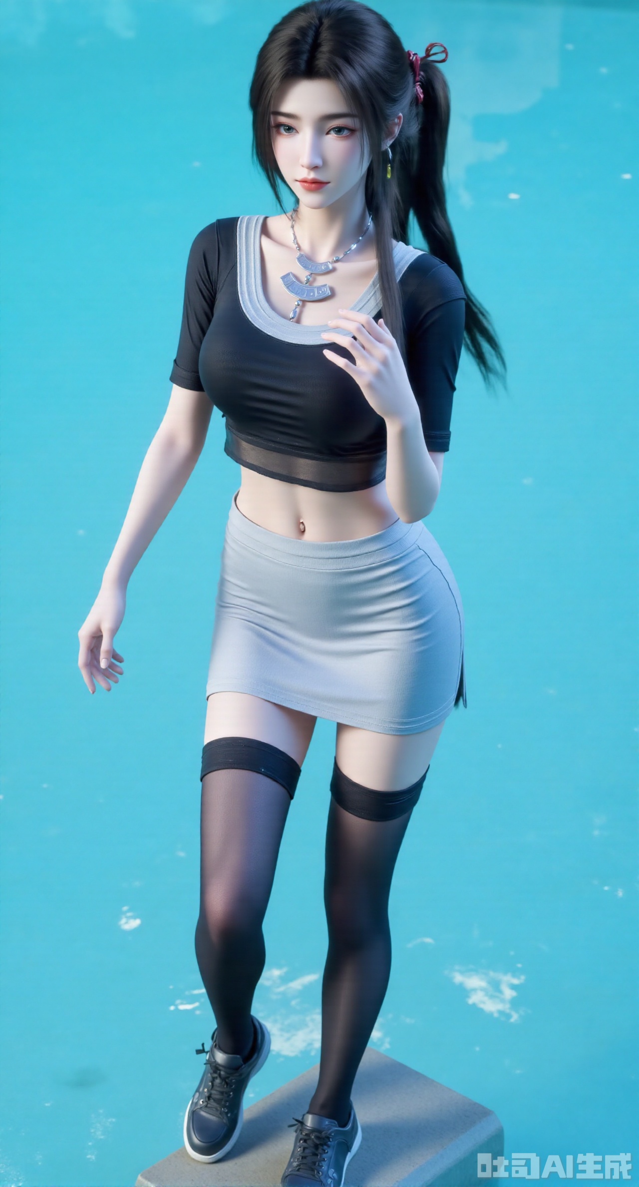 (masterpiece, best quality:1.2),Beautiful woman, 18 years, Soft Light, Cropped tops, Cropped tops, Short skirt, Lower breasts, curls, turquoise, Black pantyhose, sports shoes, Ponytail, Asymmetrical bangs, Perfect face, Pretty Face、beautiful eyes, Gentle smile, Perfect slim figure, outdoor, permanent, Blue Background, Vibrant colors, (Hole plate printing), whole body,, Solitary, Sexy,(huge breasts:2.99),(full breasts:2.99),Xnanxiaochen,Xloubeimaoyi,Xrixisheyingfeng,Xnaiqishuiyi,Xzhaoxianger,Xzhaoxiangerziyi,Xyinyue
