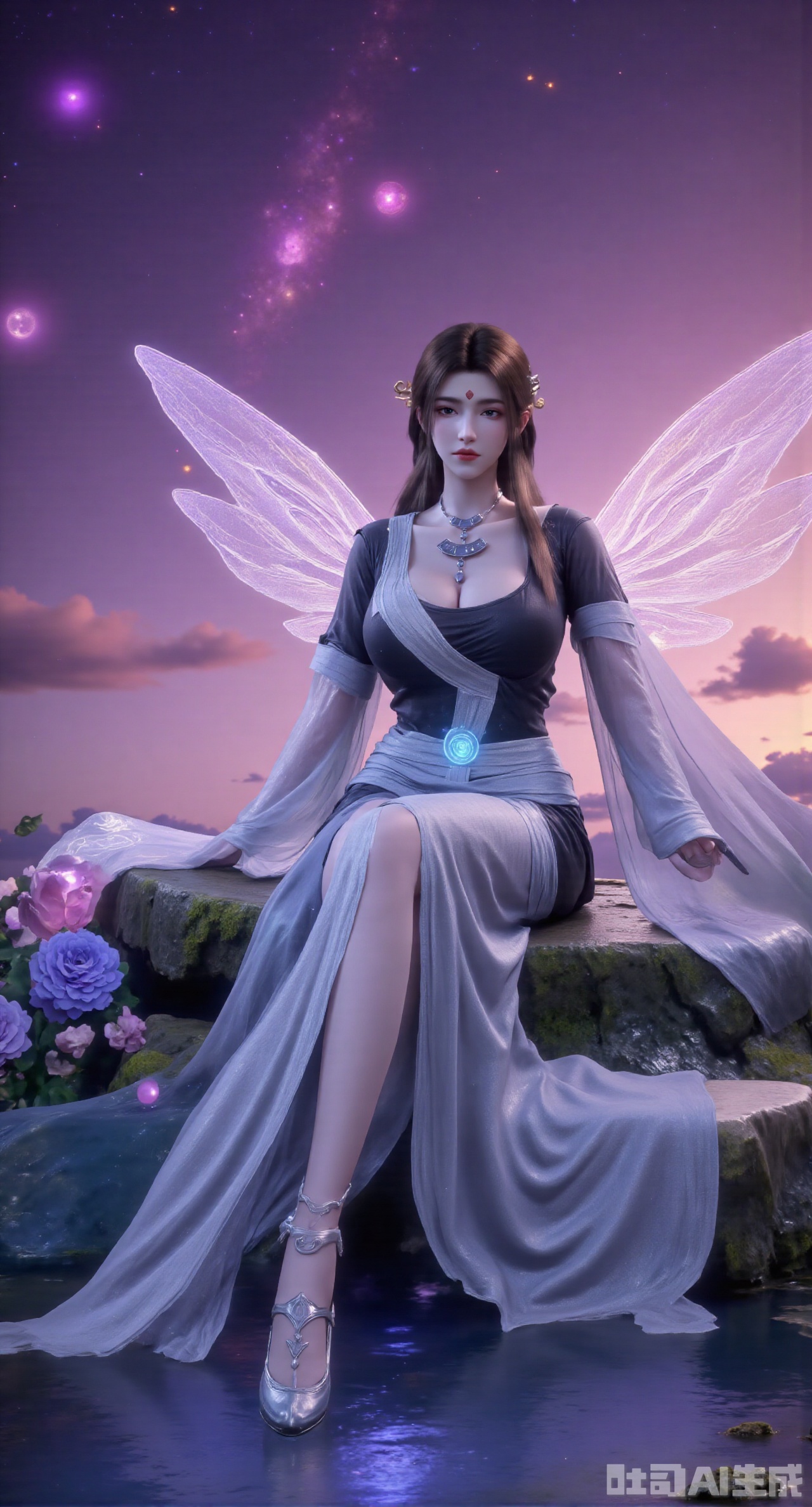 (masterpiece, best quality:1.2),1girl,looking_at_viewer,huge_breasts,,long legs,realistic,A captivating fantasy elf portrait set in a surreal, floating garden in the sky. The elf, with iridescent, translucent wings like those of a dragonfly, sits gracefully on a floating crystal lily pad. Her flowing hair shimmers with every color of the rainbow and cascades down, merging with the floating flora around her. Her eyes are deep pools of starlight, and her delicate, silver gown is adorned with tiny, twinkling constellations. The garden is filled with glowing, bioluminescent flowers and whimsical, hovering orbs of light. The backdrop features a swirling nebula sky with vibrant hues of pink and purple, creating a dreamlike, cosmic atmosphere. The portrait combines elements of ethereal beauty and celestial wonder, blending fantasy with a touch of otherworldly magic.,high_heel,, argyle legwear,star \(symbol\,yeqingxian,brown hair,(huge breasts:2.99),(full breasts:2.99),Xnanxiaochen,Xloubeimaoyi,Xrixisheyingfeng,Xnaiqishuiyi,Xzhaoxianger,Xzhaoxiangerziyi,Xyinyue