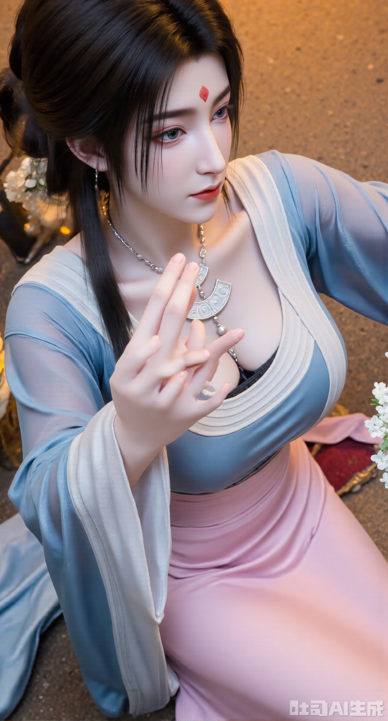 (masterpiece, best quality:1.2),1 girl, solo, her huge breasts barely fit under her clothes, looking at the viewer, blue eyes, black hair, long sleeves, dress, holding, low angle shot, jewelry, flowers, indoors, necklace, bun, chair, Chinese style clothes, blurred background, single bun, caressing white flowers, butterfly, round fan, pink skirt, light blue top covered with a thin translucent white silk gauze, vase, Hanfu, dynamic poses, orange atmosphere.(huge breasts:2.99),(full breasts:2.99),Xnanxiaochen,Xloubeimaoyi,Xrixisheyingfeng,Xnaiqishuiyi,Xzhaoxianger,Xzhaoxiangerziyi,Xyinyue