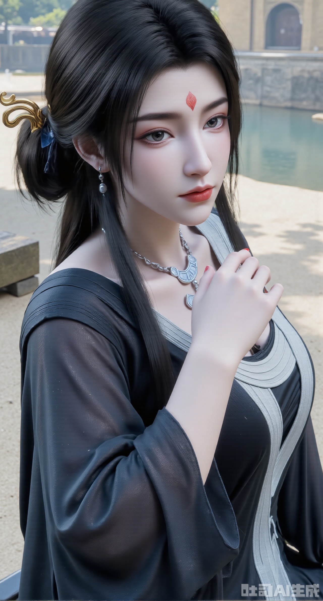 (masterpiece, best quality:1.2),(antique illustration:1.4), 1girl, black hair, solo, dress, long hair, jewelry, earrings, forehead mark, facial mark, hair ornament, looking at viewer, chinese clothes, hair rings, cowboy shot(huge breasts:2.99),(full breasts:2.99),Xnanxiaochen,Xloubeimaoyi,Xrixisheyingfeng,Xnaiqishuiyi,Xzhaoxianger,Xzhaoxiangerziyi,Xyinyue