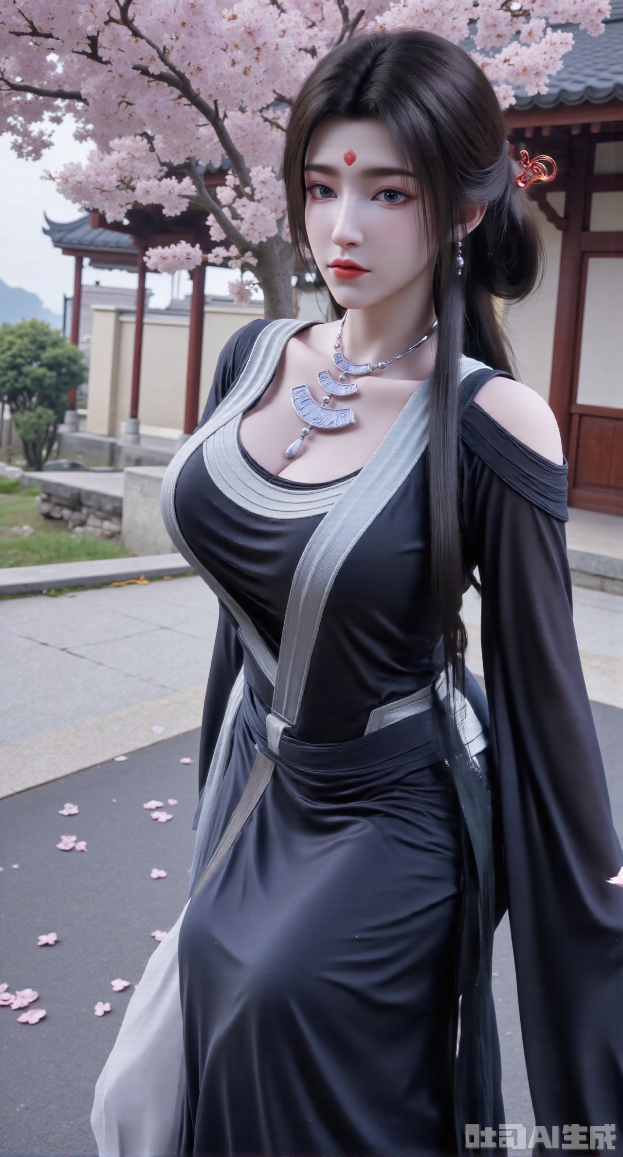 (masterpiece, best quality:1.2),1girl, solo, long hair, breasts, looking at viewer, large breasts, hair ornament, dress, bare shoulders, jewelry, purple eyes, long hair, flower, earrings, outdoors, parted lips, necklace, hand on hip, petals, hanfu dress, cherry blossoms, long dress, architecture, east asian architecture, falling petals,(huge breasts:2.99),(full breasts:2.99),Xnanxiaochen,Xloubeimaoyi,Xrixisheyingfeng,Xnaiqishuiyi,Xzhaoxianger,Xzhaoxiangerziyi,Xyinyue