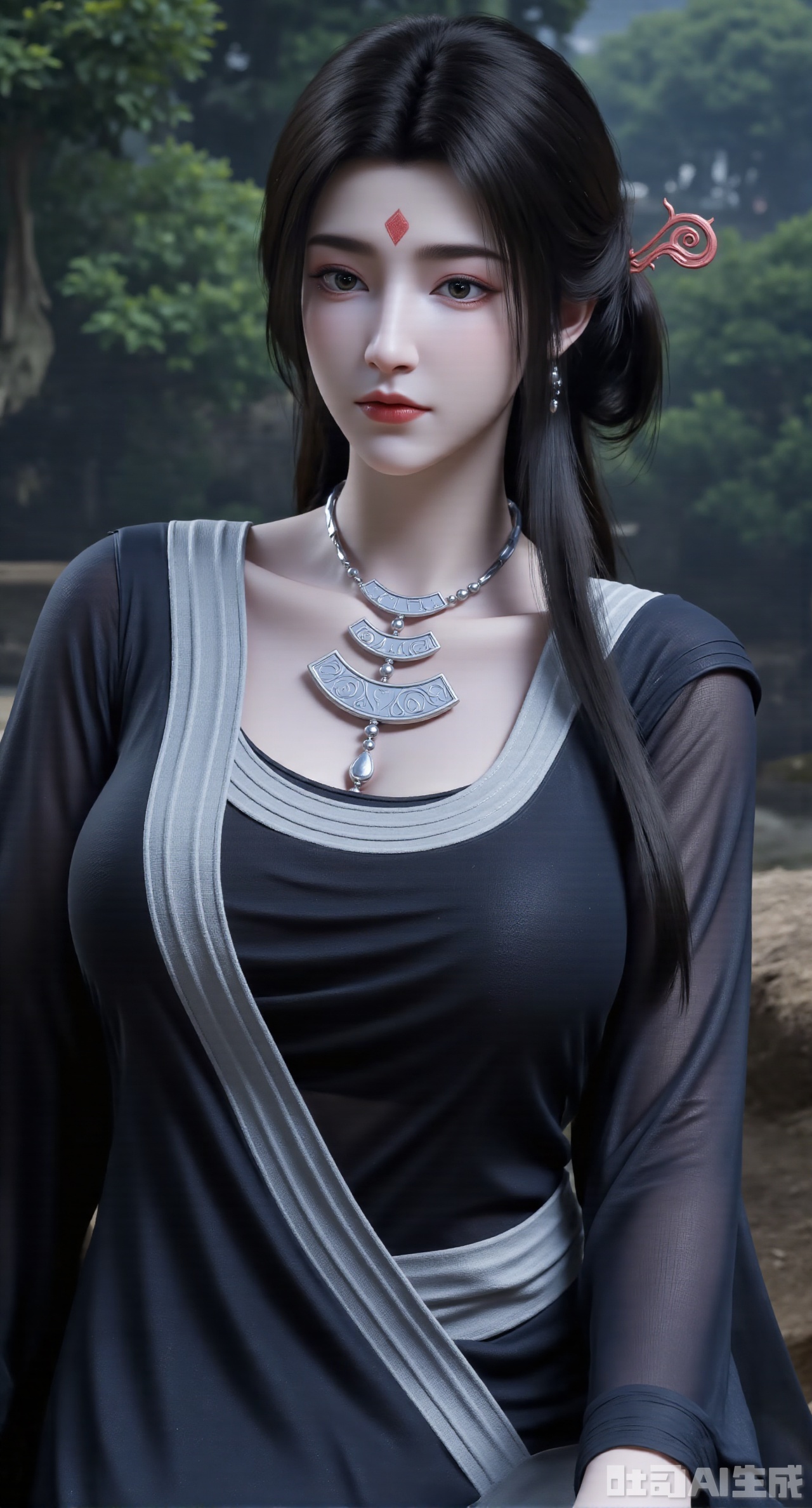 (masterpiece, best quality:1.2),(antique illustration:1.4), 1girl, black hair, solo, dress, long hair, jewelry, earrings, forehead mark, facial mark, hair ornament, looking at viewer, chinese clothes, hair rings, cowboy shot(huge breasts:2.99),(full breasts:2.99),Xnanxiaochen,Xloubeimaoyi,Xrixisheyingfeng,Xnaiqishuiyi,Xzhaoxianger,Xzhaoxiangerziyi,Xyinyue