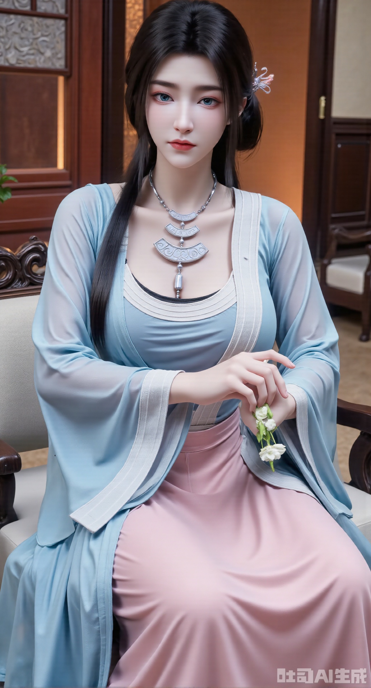 (masterpiece, best quality:1.2),1 girl, solo, her huge breasts barely fit under her clothes, looking at the viewer, blue eyes, black hair, long sleeves, dress, holding, low angle shot, jewelry, flowers, indoors, necklace, bun, chair, Chinese style clothes, blurred background, single bun, caressing white flowers, butterfly, round fan, pink skirt, light blue top covered with a thin translucent white silk gauze, vase, Hanfu, dynamic poses, orange atmosphere.(huge breasts:2.99),(full breasts:2.99),Xnanxiaochen,Xloubeimaoyi,Xrixisheyingfeng,Xnaiqishuiyi,Xzhaoxianger,Xzhaoxiangerziyi,Xyinyue