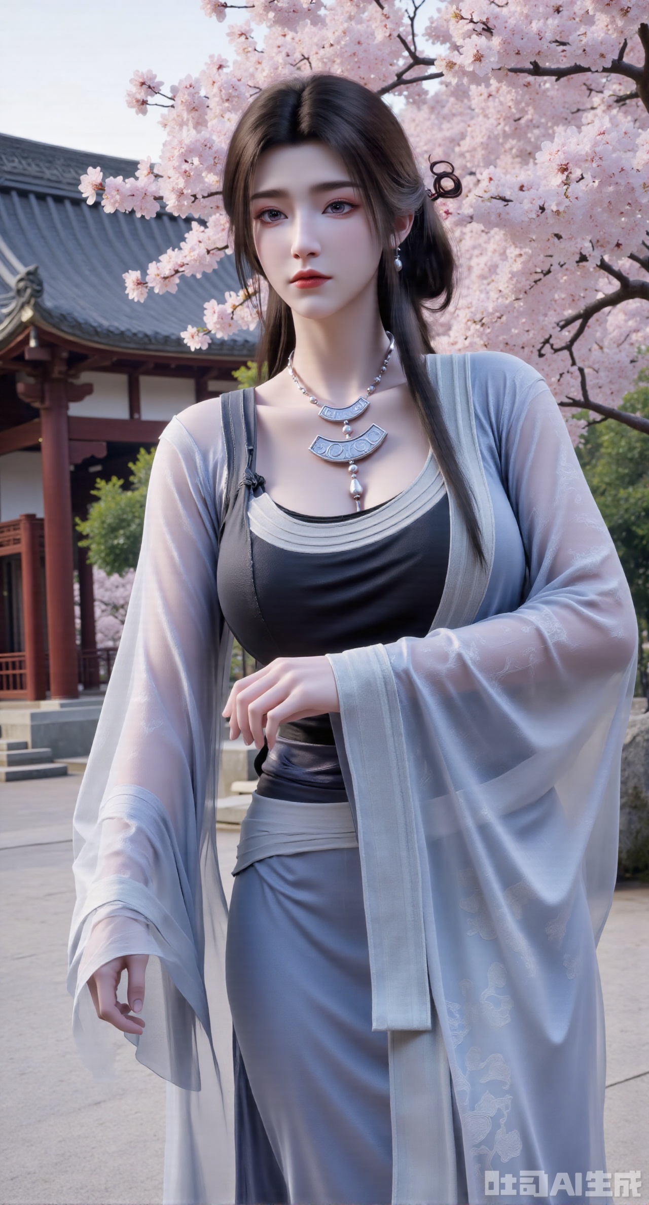 (masterpiece, best quality:1.2),1girl, solo, long hair, breasts, looking at viewer, large breasts, hair ornament, dress, bare shoulders, jewelry, purple eyes, long hair, flower, earrings, outdoors, parted lips, necklace, hand on hip, petals, hanfu dress, cherry blossoms, long dress, architecture, east asian architecture, falling petals,(huge breasts:2.99),(full breasts:2.99),Xnanxiaochen,Xloubeimaoyi,Xrixisheyingfeng,Xnaiqishuiyi,Xzhaoxianger,Xzhaoxiangerziyi,Xyinyue