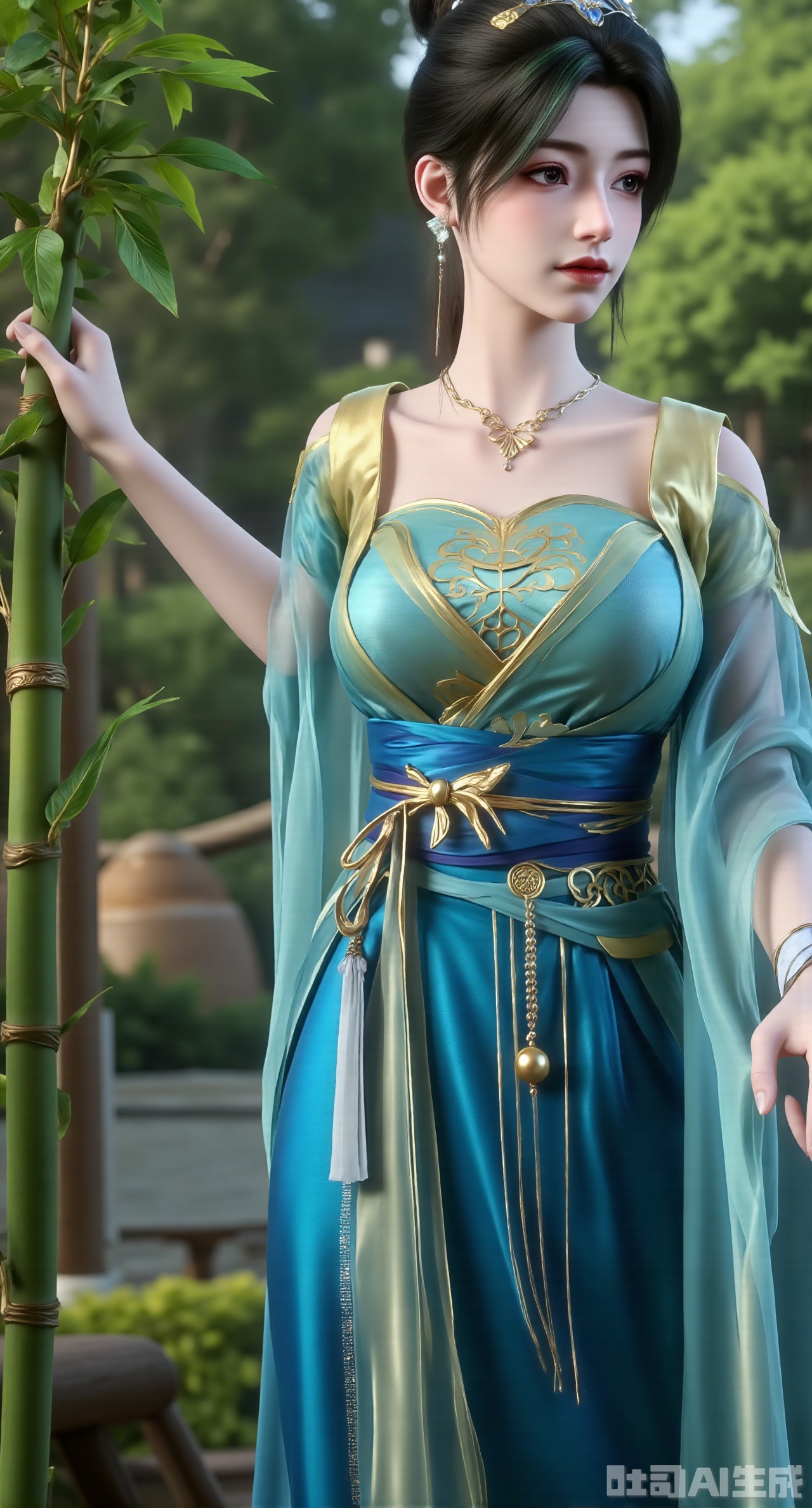 (masterpiece, best quality:1.2),a young chinese girl in traditional attire stands amidst lush greenery touching a bamboo shoot with a delicate blue and silver hair accessory.,(huge breasts:2.99), (full breasts:2.99),gechuanguangchongstyle,Xyuanxionggirl,Xyunxiao,XyunxiaoYK,Xdixionglianyiqun,Xmiaozufushi,Xqilinxianzi,XTifaLockhart,Xjinshenjianshenfu,Xbigbreasts,Xrixirenxiangsheying,XzhaoxiangerX,Xnanxiaochen2,Xtangyu,XzhaoxiangerH