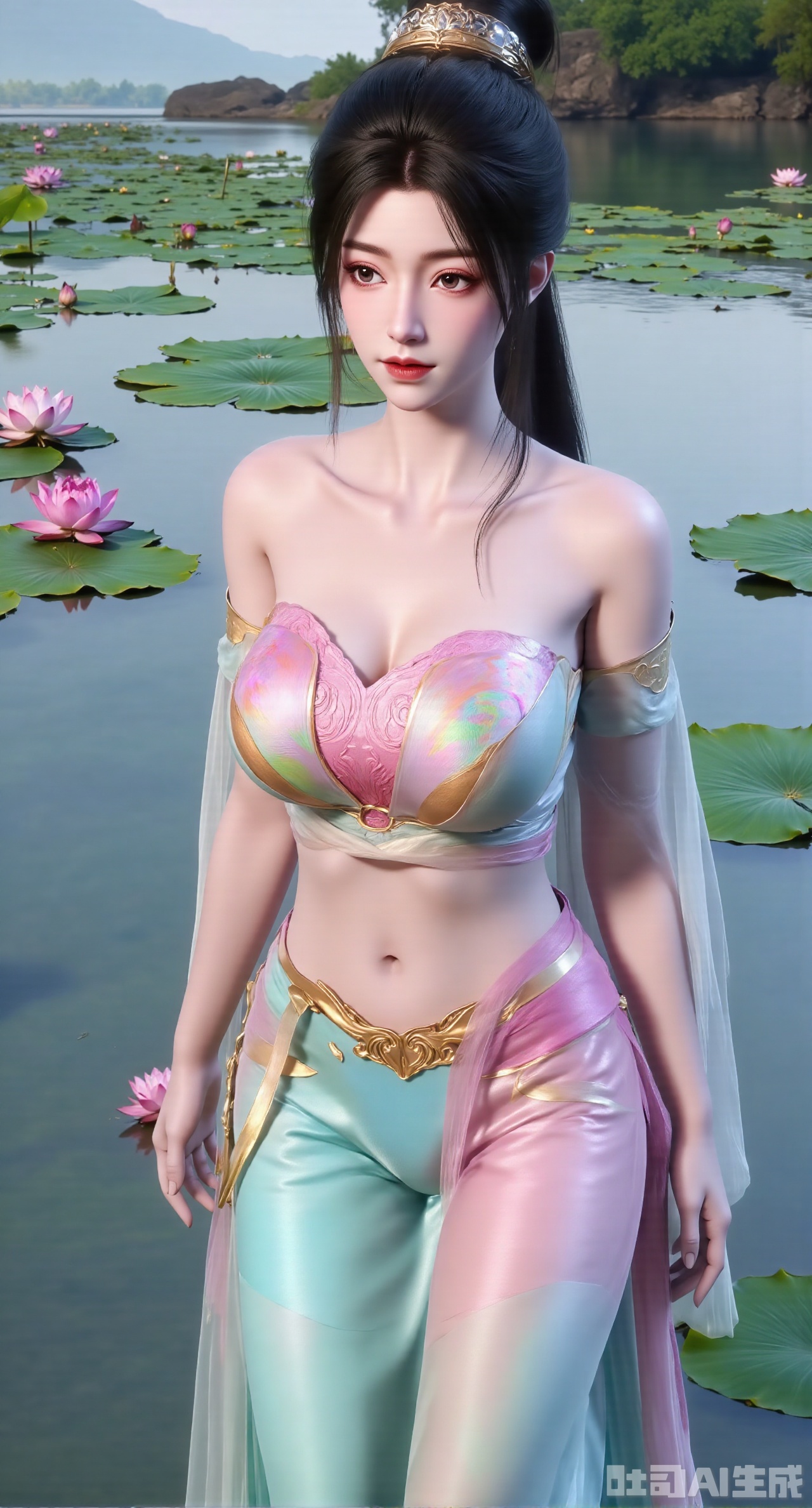  (masterpiece, best quality:1.2),1girl, navel, solo, midriff, bare shoulders, hair ornament, flower, hair flower, black hair, red lips,BREAK, (looking at viewer:1.39), chinese clothes,(Holographic pink|green dress:1.39), (lace,Rainbow Gradient Color:1.29),BREAK,purple eyes,blurry, solo focus, long hair, lips, daytime, lipstick, outdoors, (upper body,,Long legs:1.29), blurry,(huge breasts,full breasts:1.41), background, 1girl, makeup, hair bun,Xyunxiao,(Blue sky:1.39),(Suzhou Garden Lotus Pond,pink lotus,green Lotus Leaf:1.39),(huge breasts:2.99), (full breasts:2.99),gechuanguangchongstyle,Xyuanxionggirl,Xyunxiao,XyunxiaoYK,Xdixionglianyiqun,Xmiaozufushi,Xqilinxianzi,XTifaLockhart,Xjinshenjianshenfu,Xbigbreasts,Xrixirenxiangsheying,XzhaoxiangerX,Xnanxiaochen2,Xtangyu,XzhaoxiangerH
