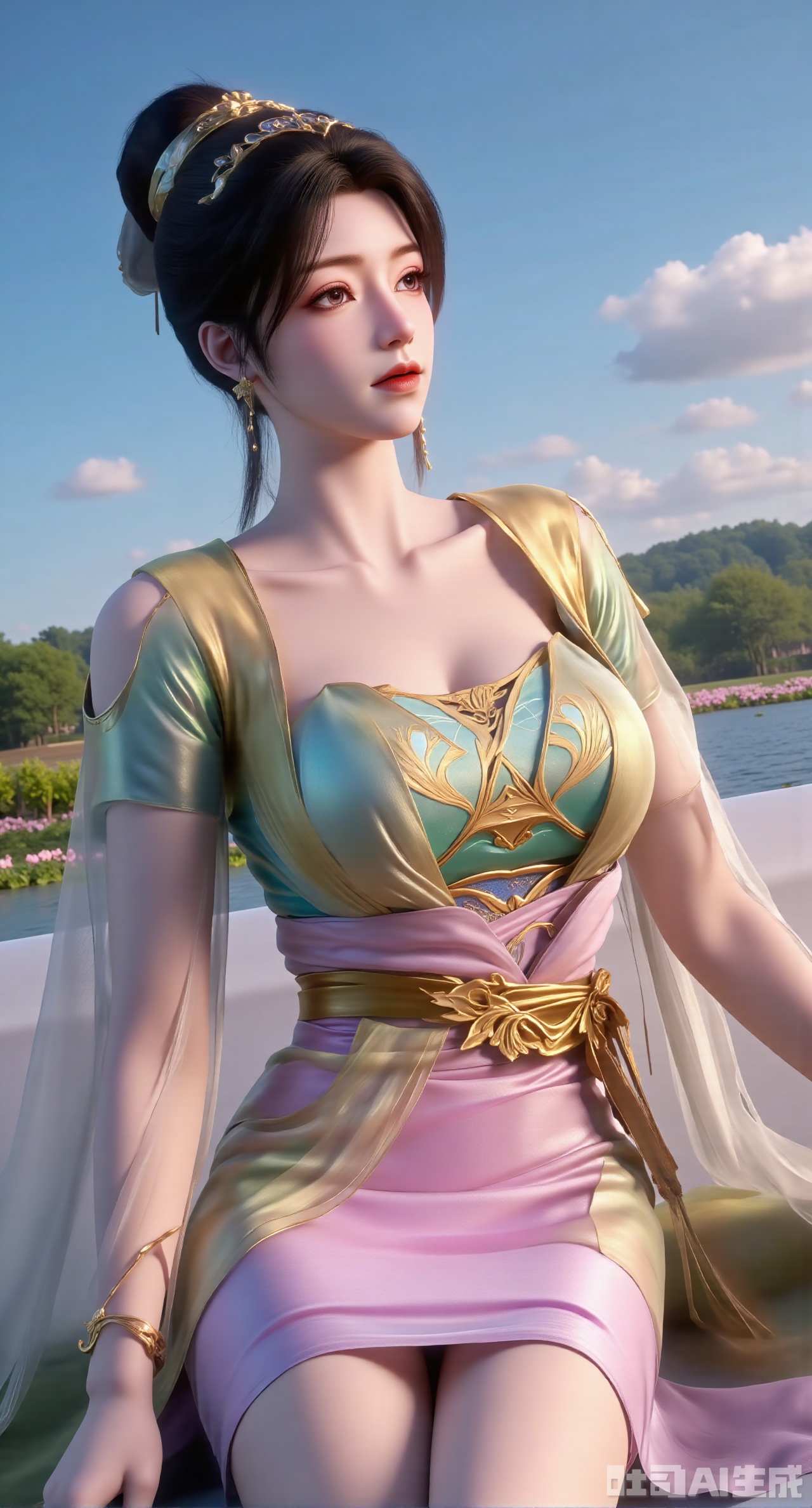  (masterpiece, best quality:1.2),1girl, navel, solo, midriff, bare shoulders, hair ornament, flower, hair flower, black hair, red lips,BREAK, (looking at viewer:1.39), chinese clothes,(Holographic pink|green dress:1.39), (lace,Rainbow Gradient Color:1.29),BREAK,purple eyes,blurry, solo focus, long hair, lips, daytime, lipstick, outdoors, (upper body,,Long legs:1.29), blurry,(huge breasts,full breasts:1.41), background, 1girl, makeup, hair bun,Xyunxiao,(Blue sky:1.39),(Suzhou Garden Lotus Pond,pink lotus,green Lotus Leaf:1.39),(huge breasts:2.99), (full breasts:2.99),gechuanguangchongstyle,Xyuanxionggirl,Xyunxiao,XyunxiaoYK,Xdixionglianyiqun,Xmiaozufushi,Xqilinxianzi,XTifaLockhart,Xjinshenjianshenfu,Xbigbreasts,Xrixirenxiangsheying,XzhaoxiangerX,Xnanxiaochen2,Xtangyu,XzhaoxiangerH