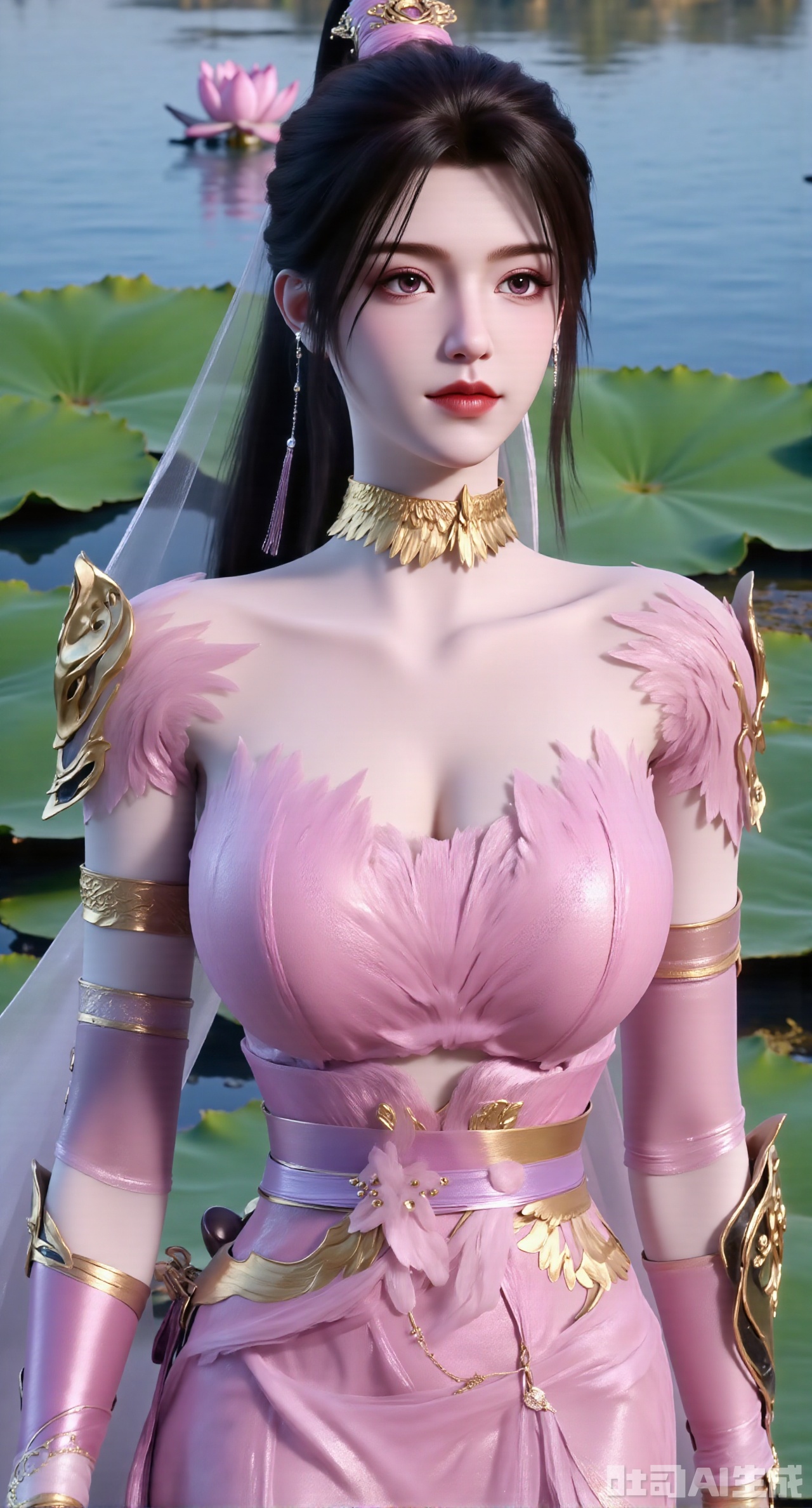  (masterpiece, best quality:1.2),1girl, navel, solo, midriff, bare shoulders, hair ornament, flower, hair flower, black hair, red lips,BREAK, (looking at viewer:1.39), chinese clothes,(Holographic pink|green dress:1.39), (lace,Rainbow Gradient Color:1.29),BREAK,purple eyes,blurry, solo focus, long hair, lips, daytime, lipstick, outdoors, (upper body,,Long legs:1.29), blurry,(huge breasts,full breasts:1.41), background, 1girl, makeup, hair bun,Xyunxiao,(Blue sky:1.39),(Suzhou Garden Lotus Pond,pink lotus,green Lotus Leaf:1.39),(huge breasts:2.99), (full breasts:2.99),gechuanguangchongstyle,Xyuanxionggirl,Xyunxiao,XyunxiaoYK,Xdixionglianyiqun,Xmiaozufushi,Xqilinxianzi,XTifaLockhart,Xjinshenjianshenfu,Xbigbreasts,Xrixirenxiangsheying,XzhaoxiangerX,Xnanxiaochen2,Xtangyu,XzhaoxiangerH