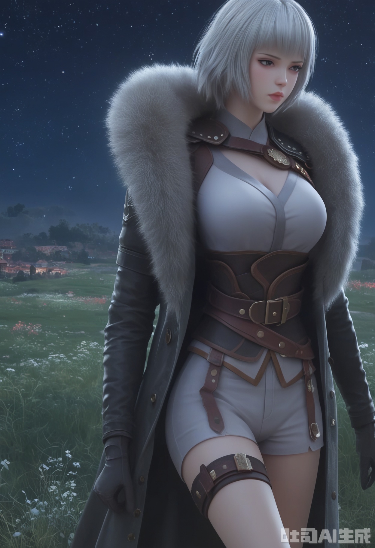 score_9,score_8_up,score_7_up,highly detailed,ultra-high best quality,masterpiece,realistic,ultra-fine painting,extreme detail description,Professional,Vivid Colors,(((extremely detailed CG unity 8k wallpaper))),an extremely delicate and beautiful,official art,sweet and delicate girl,delicate facial features,perfect bright figure,surrounded,Bright,romantic long hair,natural light,warm and sweet,a girl,
baiyuekui,
1girl, solo, breasts, short hair, thighhighs, white hair, boots, shorts, armor, thigh strap,bangs, gloves, lips,single thighhigh, asymmetrical clothes,portrait, bangs,((coat:1.3)), fur trim, 
(in a meadow:1.3),(night:1.2),(stars:1.3),((perfect legs:1.2)),(large breasts:1.2),
