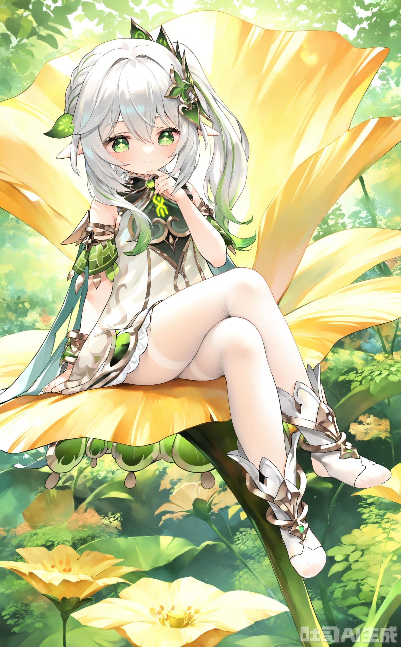 1girl, nahida \(genshin impact\),Sitting on a flower with crossed legs, looking down at you from a high position, with one hand supporting your chin. White silk stockings