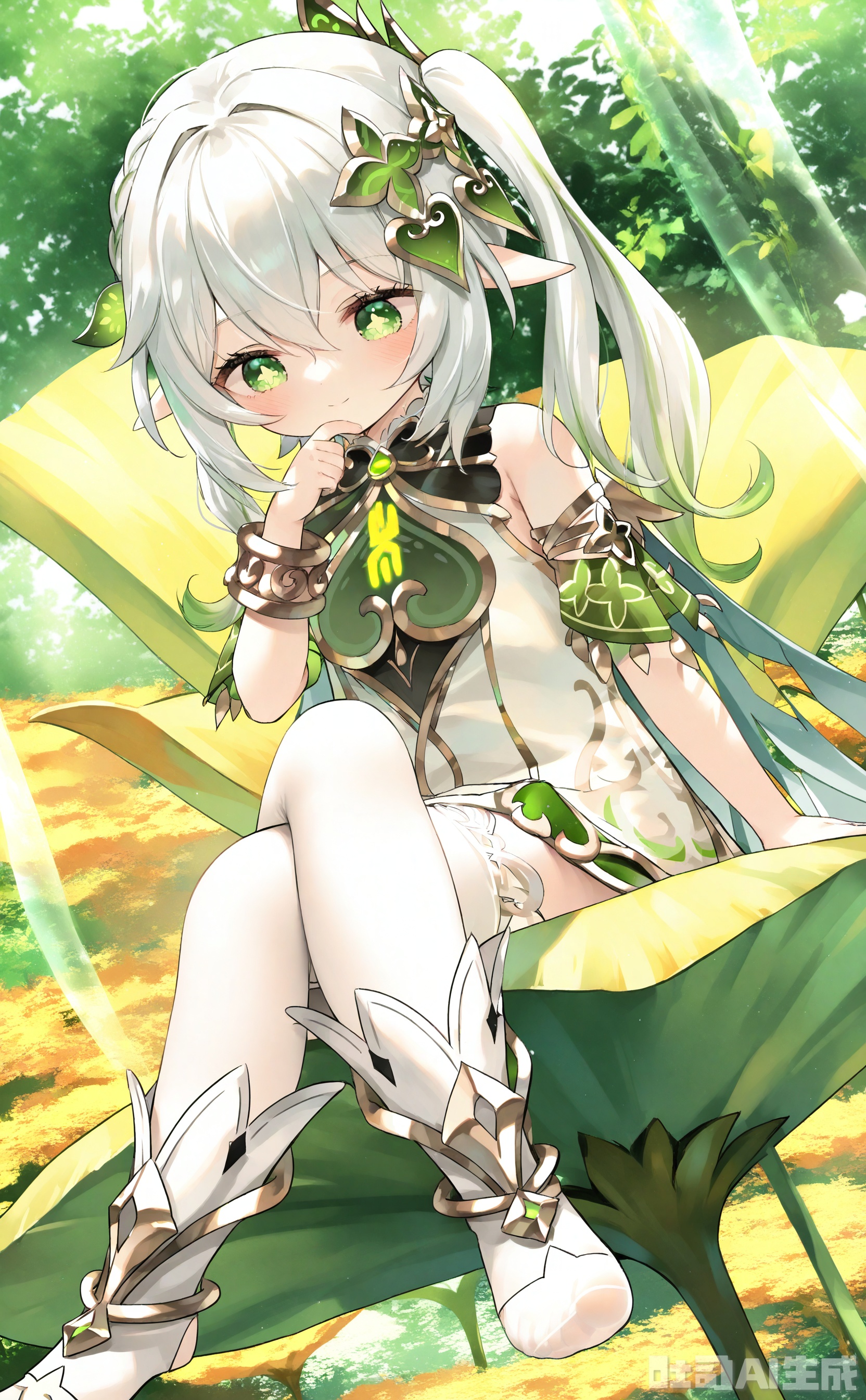 1girl, nahida \(genshin impact\),Sitting on a flower with crossed legs, looking down at you from a high position, with one hand supporting your chin. White silk stockings