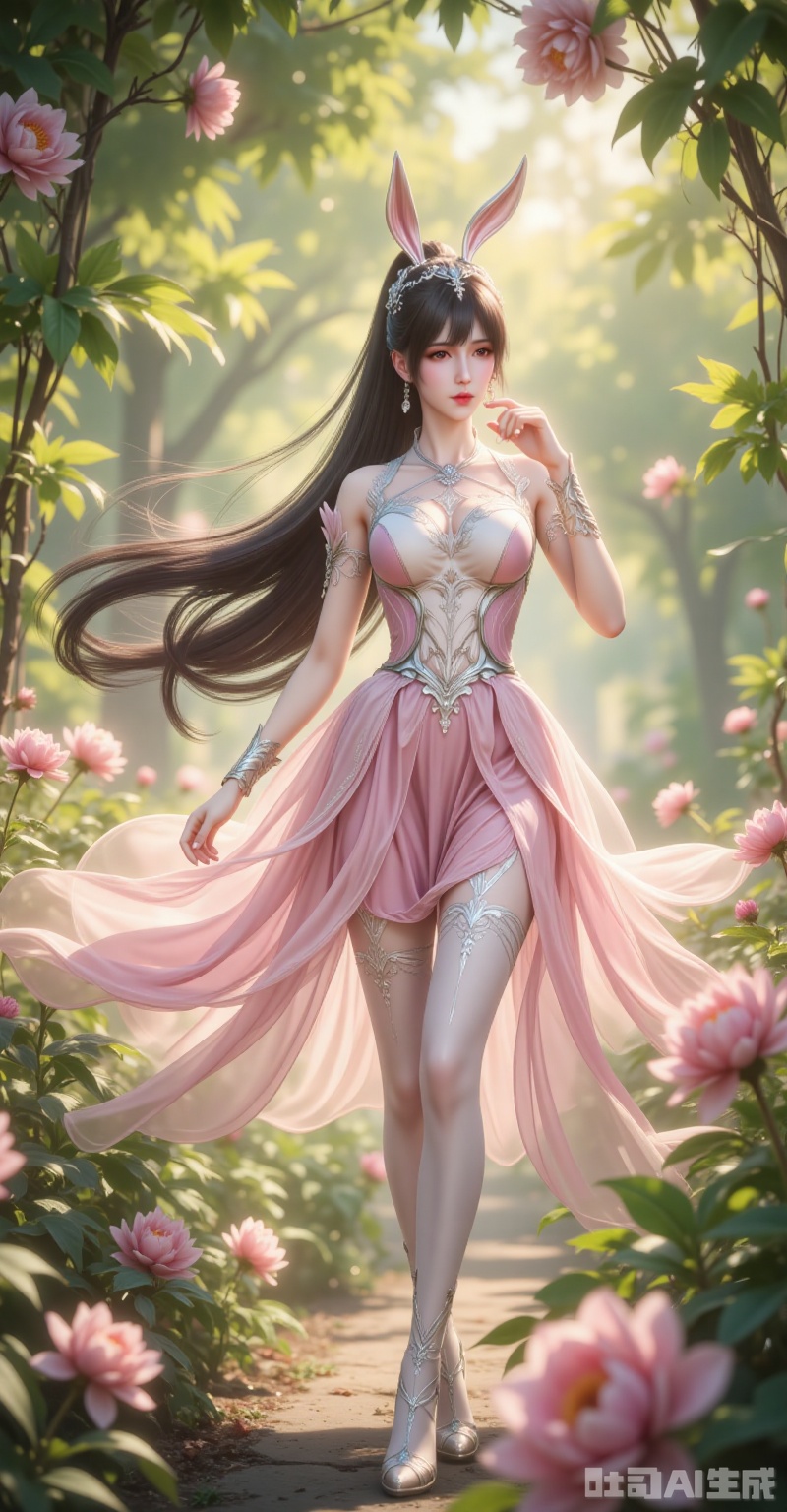 Xiao Wu glides through a sun-dappled garden, her jet-black high ponytail swaying with each step. The pink sundress flutters against her silhouette, while white thigh-highs and crystal heels add a touch of delicate allure. Sunlight filters through vines, casting dappled shadows on her honey-brown eyes as she playfully bites a fingertip—a gesture both innocent and tantalizing. Shot on ARRI Alexa 35 with Zeiss Supreme Primes at T1.5, the extreme low-angle perspective makes her figure tower against a bokeh of blooming peonies. Every detail from the lace trim on her stockings to the dewdrops on nearby petals is rendered in 8K resolution by the Sony ILME-FR7, creating a composition where Baroque opulence meets modern cinematic precision. lvjing,xiaowu,rabbit earrings,black hair,long hair,high ponytail,brown eyes,fair_skin,jewelry,earrings,headpiece,


