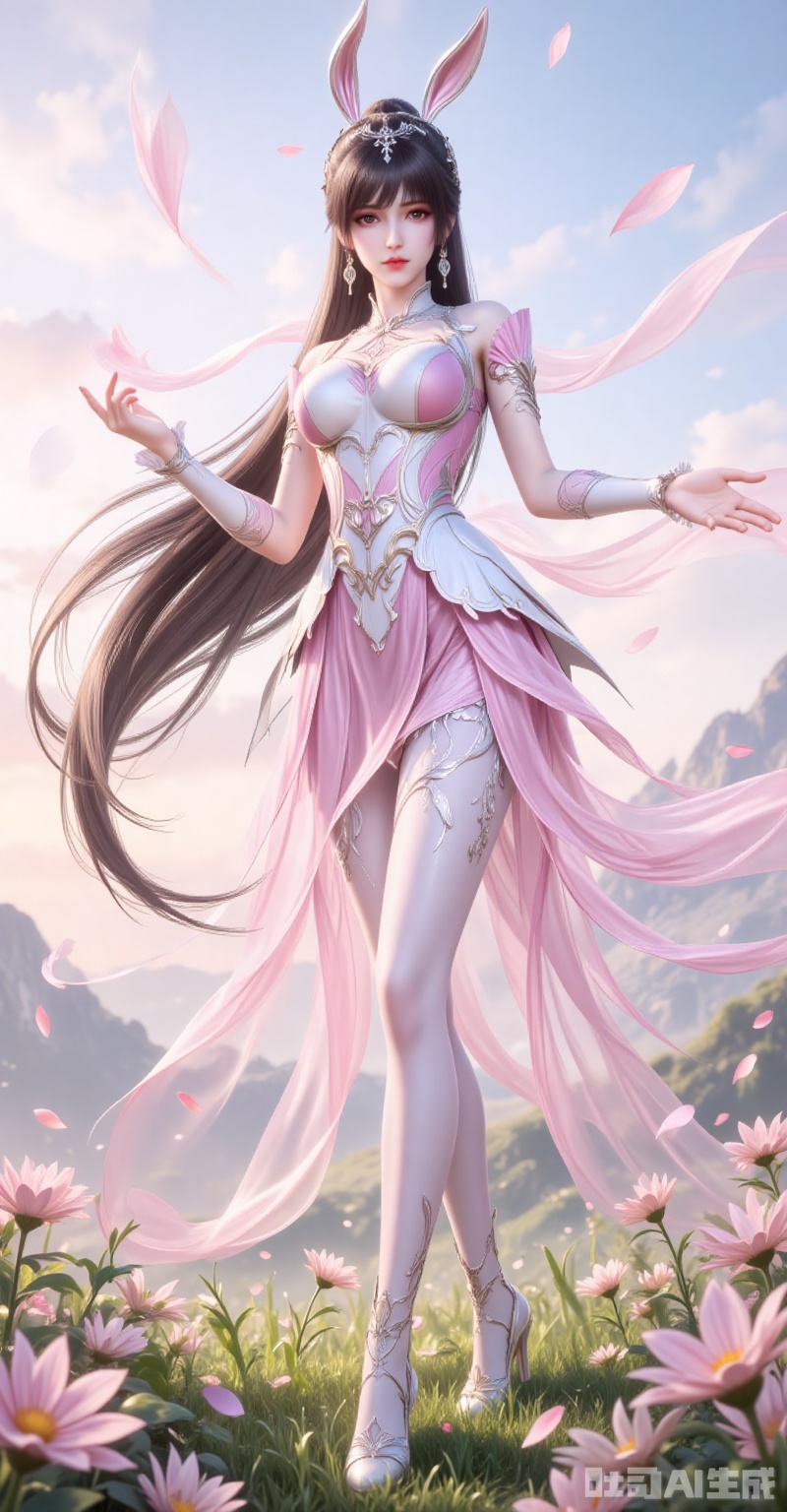 ,xiaowu,1girl, ponytail, long hair, dress, pink dress, animal ears, brown hair, flower, sky, grass, solo, falling petals, rabbit ears, very long hair, petals, high heels, rabbit,white_pantyhose, hair ornament, outdoors, full body, mountain, lvjing,xiaowu,rabbit earrings,black hair,long hair,high ponytail,brown eyes,fair_skin,jewelry,earrings,headpiece,,lvjing,