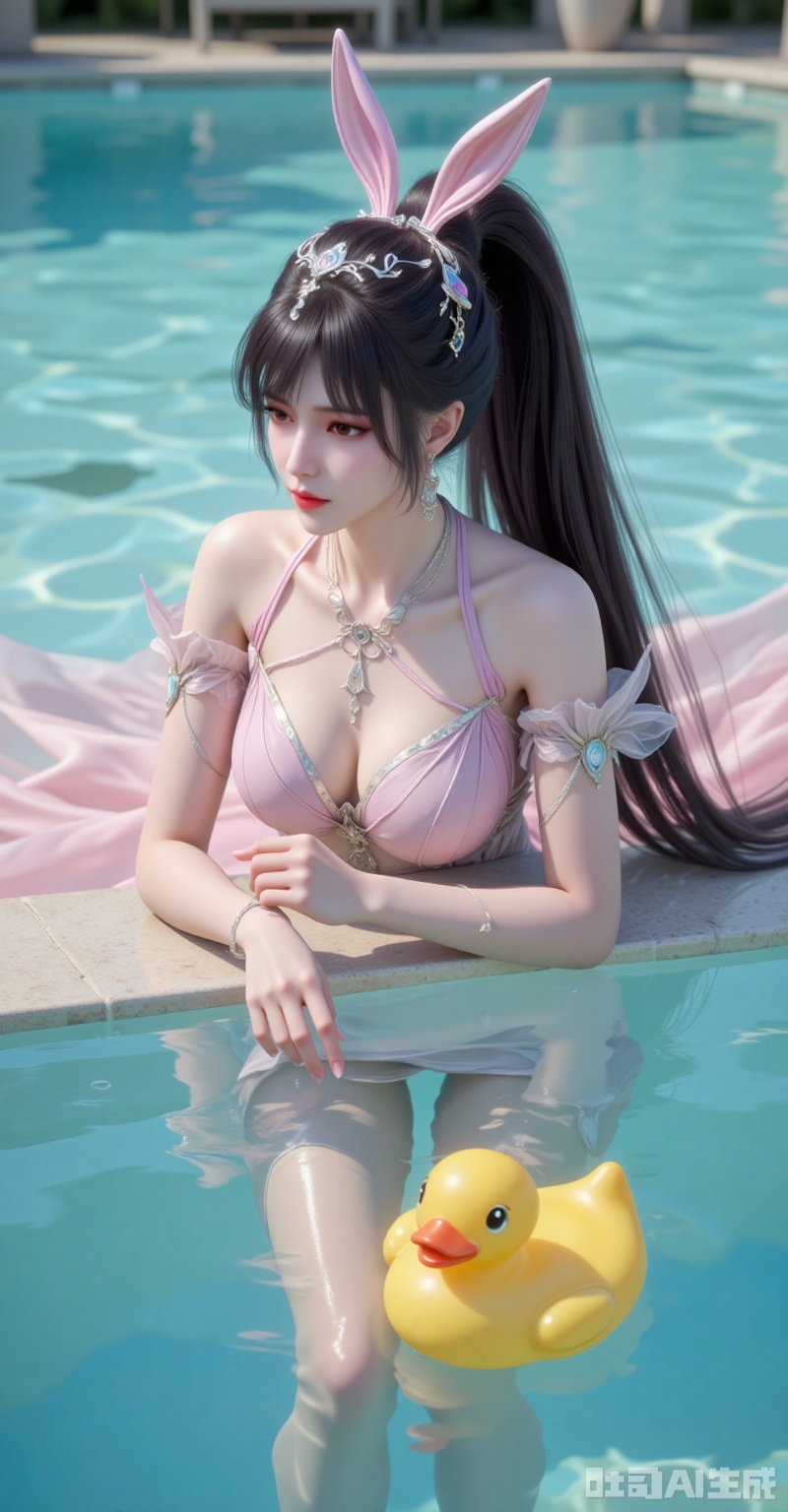 The Valentino pink chiffon dress clings to Xiao Wu's torso as she leans over the infinity pool's edge, her silk-stockinged knees dimpling the water surface. Arri Master Anamorphic 50mm lens at T1.9 renders the floating rubber duck into chromatic aberration halos, while her hair ribbon unfurls like cinema filmstrip across 120fps slow-motion footage. Every pore on her sun-kissed cheeks becomes visible in Phase One IQ4 150MP trichromatic capture. lvjing,xiaowu,rabbit earrings,black hair,long hair,high ponytail,brown eyes,fair_skin,jewelry,earrings,headpiece,