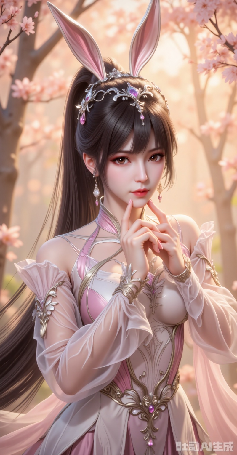 Xiao Wu leans forward slightly, her raven-black hair tied into a high ponytail that cascades like liquid obsidian. Clad in a blush-pink dress adorned with floral vines, the sheer white sleeves cling to her skin, diffusing the golden sunlight. Her hazel eyes glint with playful allure as a fingertip brushes her smirking lips—a silent challenge to the viewer. Shot from a dramatic low angle with a Canon EOS R5 and RF 85mm f/1.2L USM lens, the bokeh transforms the background into a dreamy haze of blossoms and light shafts. Every pore and eyelash is rendered in 8K clarity, her pose meticulously framed to dominate the rule-of-thirds grid, embodying a fusion of anime fantasy and Renaissance portraiture. lvjing,xiaowu,rabbit earrings,black hair,long hair,high ponytail,brown eyes,fair_skin,jewelry,earrings,headpiece,