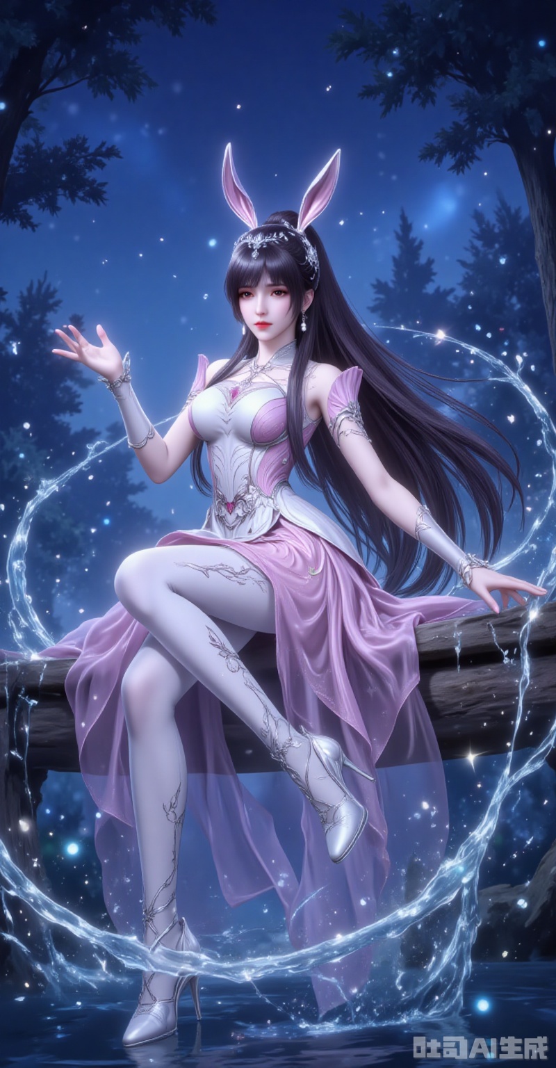 ,xiaowu,1girl, animal ears, rabbit ears, ponytail, splashing, night, water, high heels, solo, dress, long hair, sky, sparkle, hair ornament, sitting, tree, night sky, black hair,white_pantyhose, closed mouth, full body, leg up, pink dress, lvjing,xiaowu,rabbit earrings,black hair,long hair,high ponytail,brown eyes,fair_skin,jewelry,earrings,headpiece,lvjing,