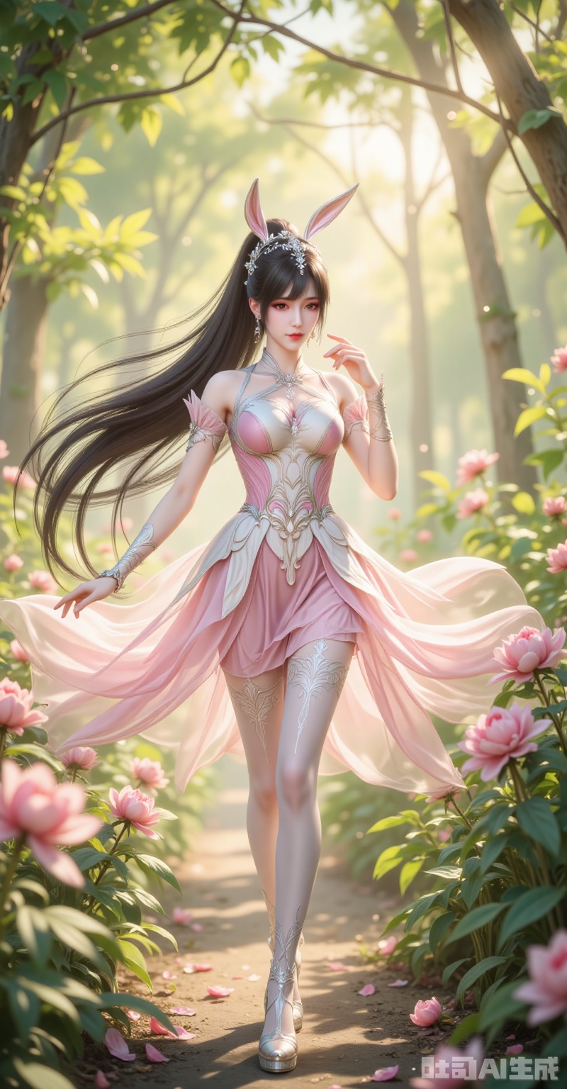 Xiao Wu glides through a sun-dappled garden, her jet-black high ponytail swaying with each step. The pink sundress flutters against her silhouette, while white thigh-highs and crystal heels add a touch of delicate allure. Sunlight filters through vines, casting dappled shadows on her honey-brown eyes as she playfully bites a fingertip—a gesture both innocent and tantalizing. Shot on ARRI Alexa 35 with Zeiss Supreme Primes at T1.5, the extreme low-angle perspective makes her figure tower against a bokeh of blooming peonies. Every detail from the lace trim on her stockings to the dewdrops on nearby petals is rendered in 8K resolution by the Sony ILME-FR7, creating a composition where Baroque opulence meets modern cinematic precision. lvjing,xiaowu,rabbit earrings,black hair,long hair,high ponytail,brown eyes,fair_skin,jewelry,earrings,headpiece,



