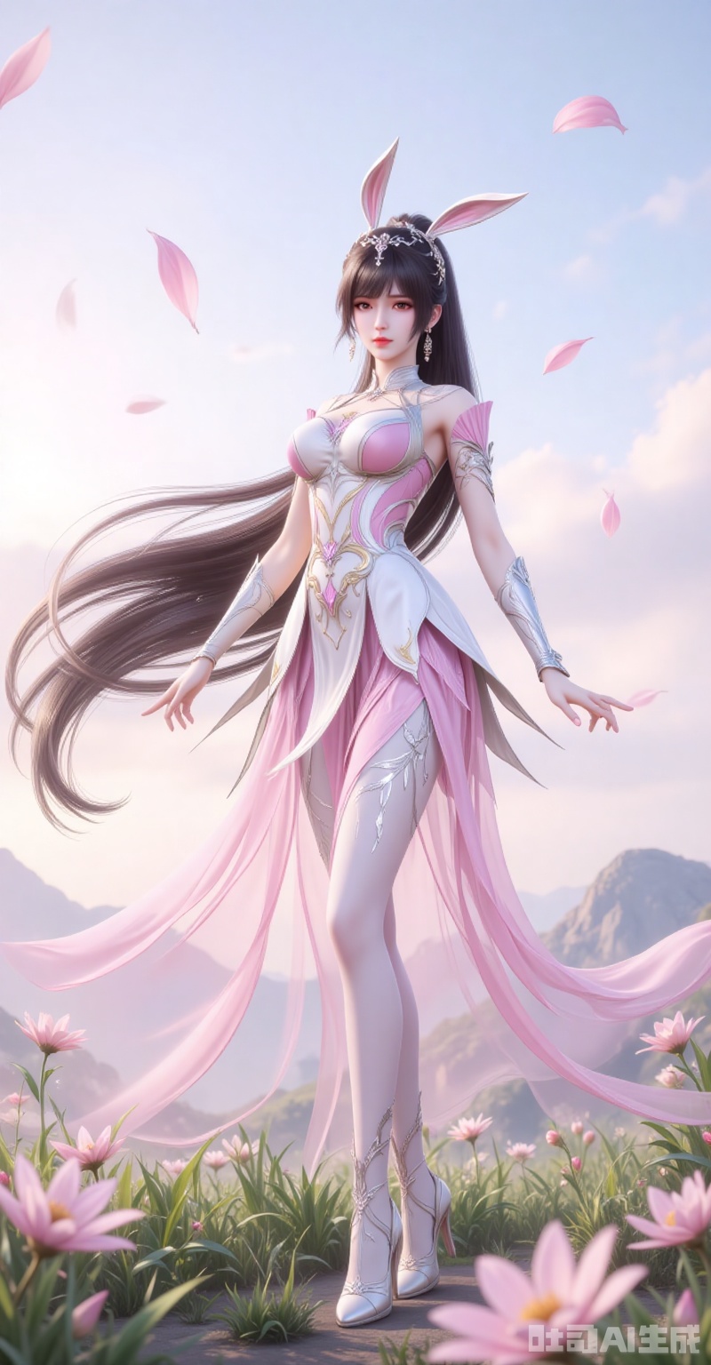 1girl, ponytail, long hair, dress, pink dress, animal ears, brown hair, flower, sky, grass, solo, falling petals, rabbit ears, very long hair, petals, high heels, rabbit,white_pantyhose, hair ornament, outdoors, full body, mountain,9 lvjing,xiaowu,rabbit earrings,black hair,long hair,high ponytail,brown eyes,fair_skin,jewelry,earrings,headpiece,


