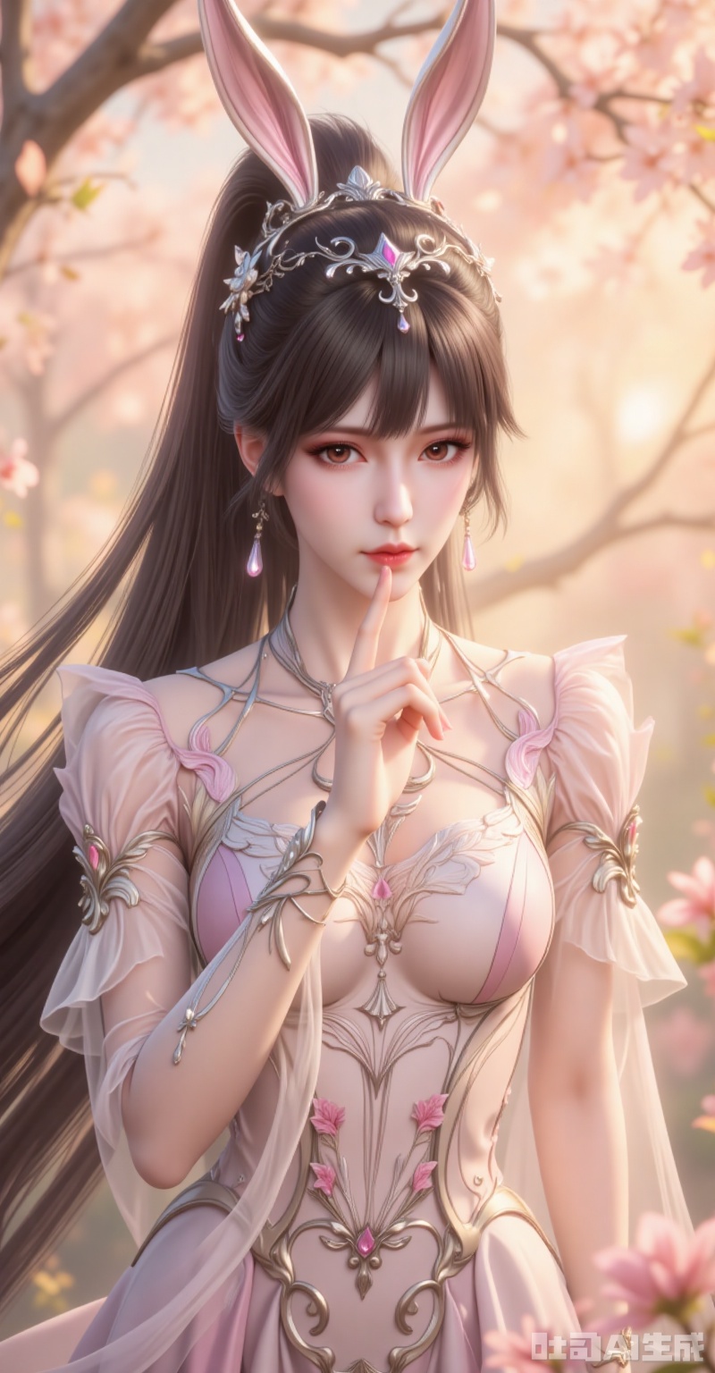 Xiao Wu leans forward slightly, her raven-black hair tied into a high ponytail that cascades like liquid obsidian. Clad in a blush-pink dress adorned with floral vines, the sheer white sleeves cling to her skin, diffusing the golden sunlight. Her hazel eyes glint with playful allure as a fingertip brushes her smirking lips—a silent challenge to the viewer. Shot from a dramatic low angle with a Canon EOS R5 and RF 85mm f/1.2L USM lens, the bokeh transforms the background into a dreamy haze of blossoms and light shafts. Every pore and eyelash is rendered in 8K clarity, her pose meticulously framed to dominate the rule-of-thirds grid, embodying a fusion of anime fantasy and Renaissance portraiture. lvjing,xiaowu,rabbit earrings,black hair,long hair,high ponytail,brown eyes,fair_skin,jewelry,earrings,headpiece,
