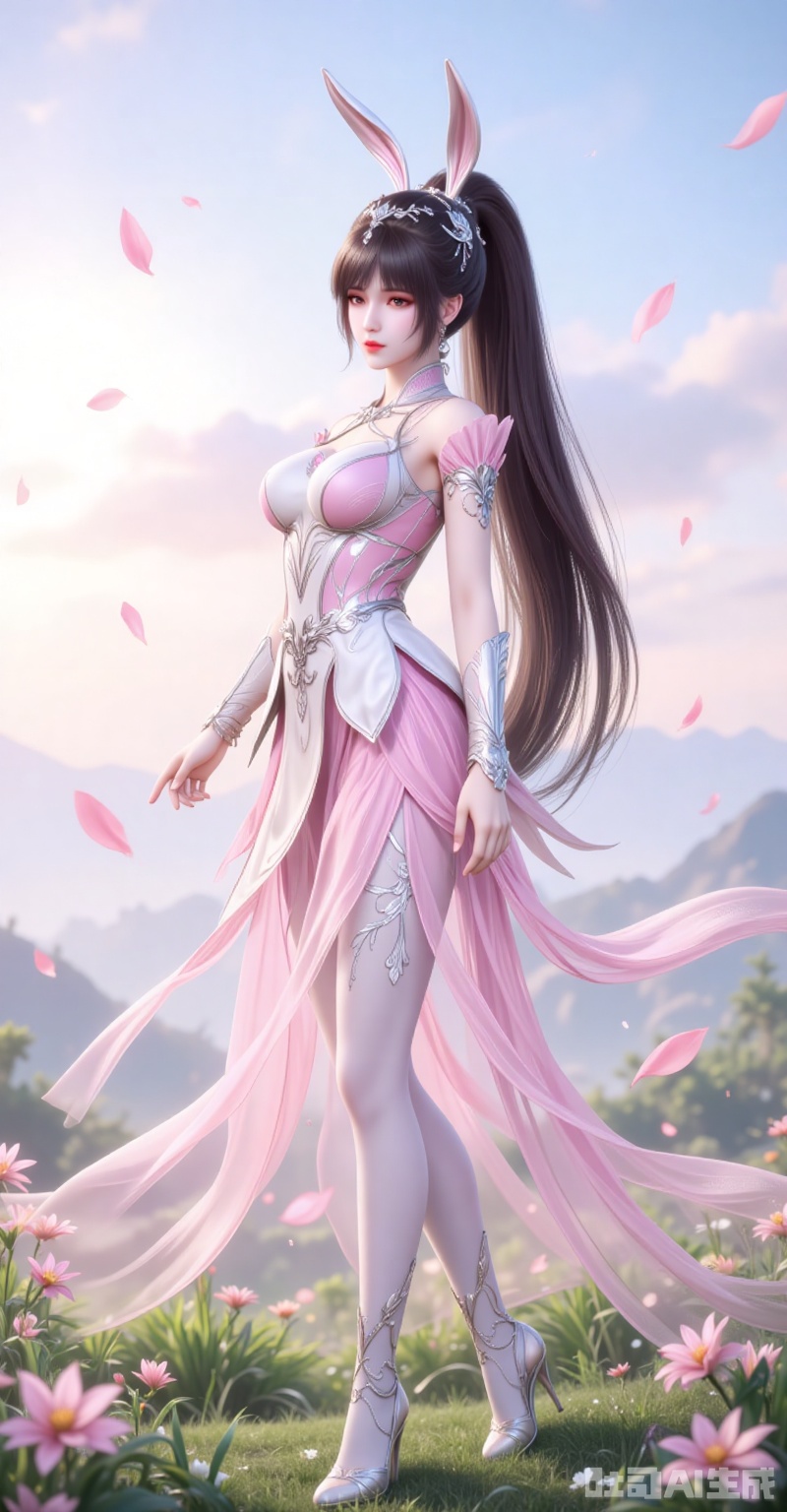 1girl, ponytail, long hair, dress, pink dress, animal ears, brown hair, flower, sky, grass, solo, falling petals, rabbit ears, very long hair, petals, high heels, rabbit,white_pantyhose, hair ornament, outdoors, full body, mountain,9 lvjing,xiaowu,rabbit earrings,black hair,long hair,high ponytail,brown eyes,fair_skin,jewelry,earrings,headpiece,

