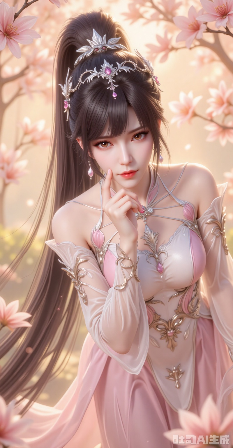 Xiao Wu leans forward slightly, her raven-black hair tied into a high ponytail that cascades like liquid obsidian. Clad in a blush-pink dress adorned with floral vines, the sheer white sleeves cling to her skin, diffusing the golden sunlight. Her hazel eyes glint with playful allure as a fingertip brushes her smirking lips—a silent challenge to the viewer. Shot from a dramatic low angle with a Canon EOS R5 and RF 85mm f/1.2L USM lens, the bokeh transforms the background into a dreamy haze of blossoms and light shafts. Every pore and eyelash is rendered in 8K clarity, her pose meticulously framed to dominate the rule-of-thirds grid, embodying a fusion of anime fantasy and Renaissance portraiture. lvjing,xiaowu,rabbit earrings,black hair,long hair,high ponytail,brown eyes,fair_skin,jewelry,earrings,headpiece,