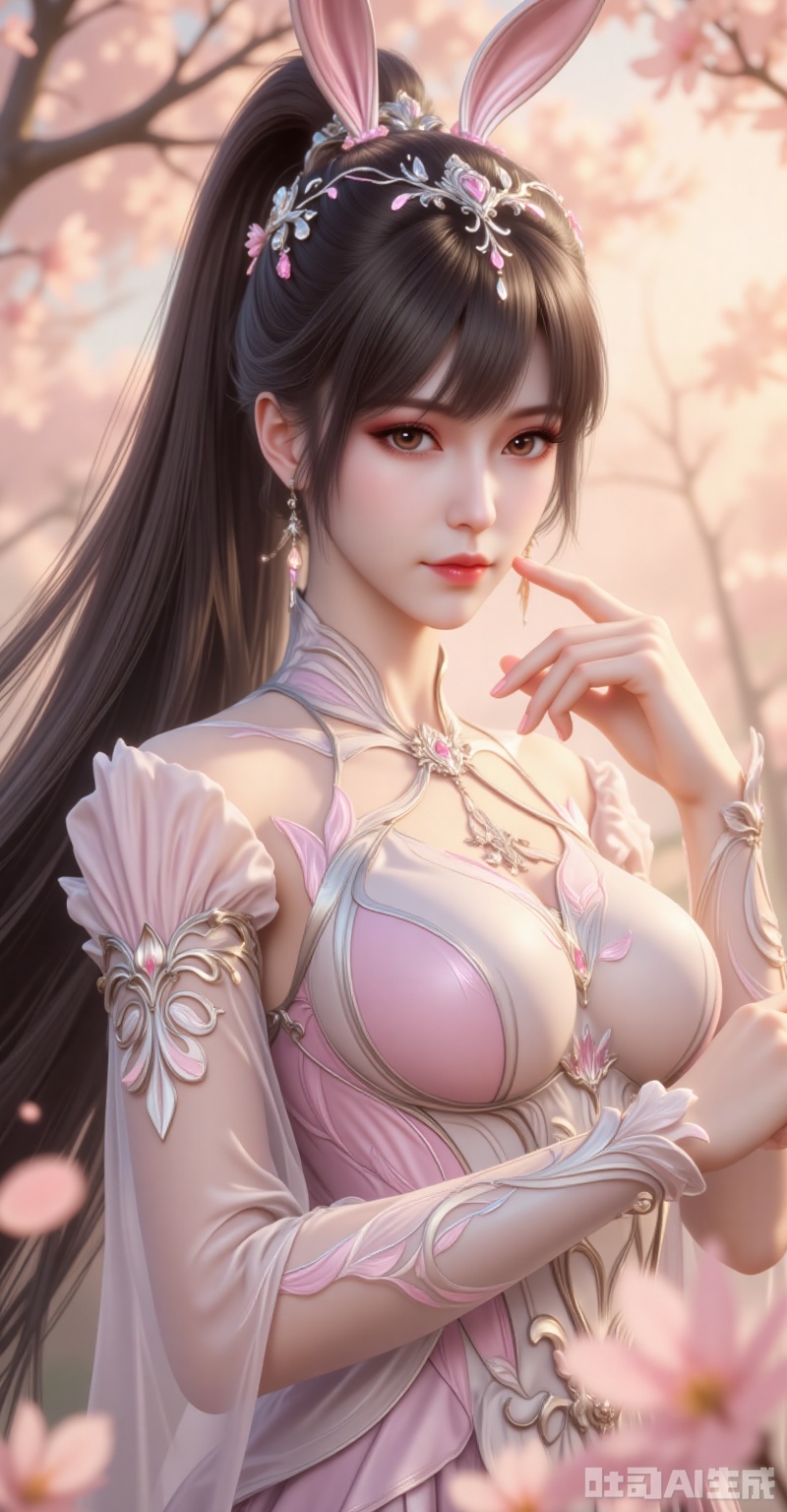 Xiao Wu leans forward slightly, her raven-black hair tied into a high ponytail that cascades like liquid obsidian. Clad in a blush-pink dress adorned with floral vines, the sheer white sleeves cling to her skin, diffusing the golden sunlight. Her hazel eyes glint with playful allure as a fingertip brushes her smirking lips—a silent challenge to the viewer. Shot from a dramatic low angle with a Canon EOS R5 and RF 85mm f/1.2L USM lens, the bokeh transforms the background into a dreamy haze of blossoms and light shafts. Every pore and eyelash is rendered in 8K clarity, her pose meticulously framed to dominate the rule-of-thirds grid, embodying a fusion of anime fantasy and Renaissance portraiture. lvjing,xiaowu,rabbit earrings,black hair,long hair,high ponytail,brown eyes,fair_skin,jewelry,earrings,headpiece,