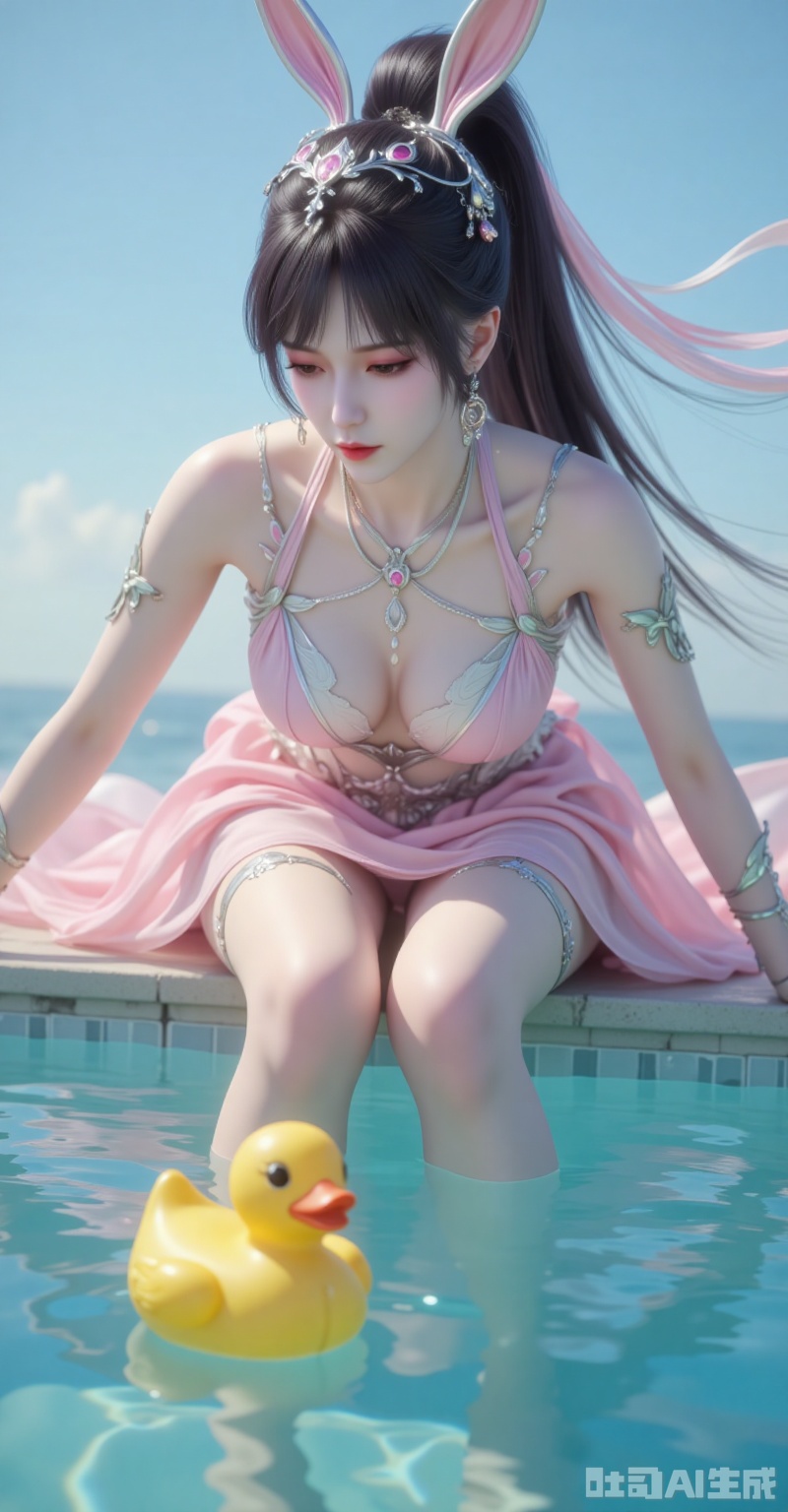 The Valentino pink chiffon dress clings to Xiao Wu's torso as she leans over the infinity pool's edge, her silk-stockinged knees dimpling the water surface. Arri Master Anamorphic 50mm lens at T1.9 renders the floating rubber duck into chromatic aberration halos, while her hair ribbon unfurls like cinema filmstrip across 120fps slow-motion footage. Every pore on her sun-kissed cheeks becomes visible in Phase One IQ4 150MP trichromatic capture. lvjing,xiaowu,rabbit earrings,black hair,long hair,high ponytail,brown eyes,fair_skin,jewelry,earrings,headpiece,
