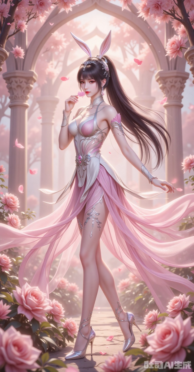 Beneath rose-entwined arches, Xiao Wu's crystal heels trace ethereal patterns. The chiffon skirt blooms with each step, revealing a winged butterfly tattoo where straps slip down her spine. As her swinging ponytail grazes sheer stockings, 12-carat pear-cut heels kick up bioluminescent pollen clouds. She suddenly turns biting a wild rose, hazel eyes mirroring the petal storm. Sunlight pierces the canopy to spotlight the dimples of Venus, while 8K slow-motion reveals hidden "Soft Bone Rabbit" spirit ring motifs on her garter lace. In this 0.5-second masterpiece, floating strands and cascading light achieve divine Fibonacci harmony. lvjing,xiaowu,rabbit earrings,black hair,long hair,high ponytail,brown eyes,fair_skin,jewelry,earrings,headpiece,


